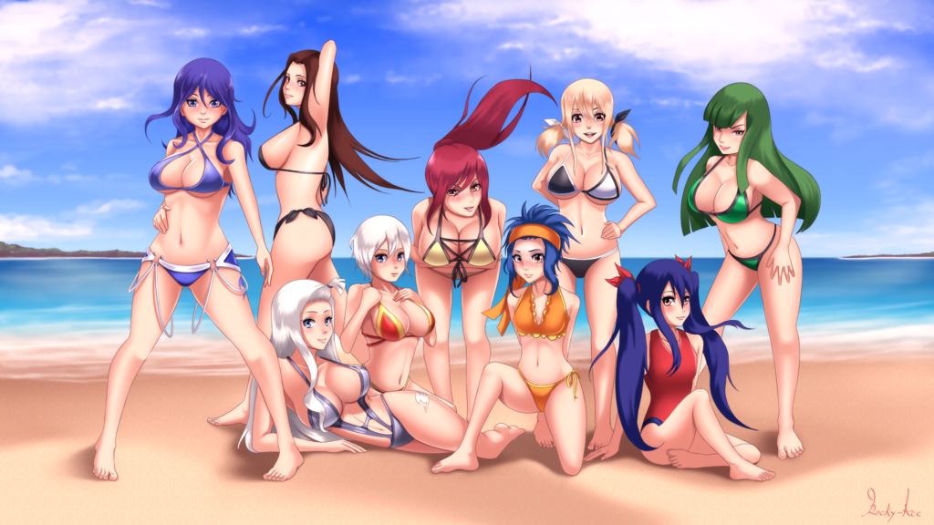 6+girls 9girls beach bikini bisca_connell blonde_hair blue_eyes blue_hair brown_eyes brown_hair cana_alberona erza_scarlet fairy_tail female female_only green_hair juvia_lockser levy_mcgarden lisanna_strauss long_hair lucy_heartfilia mirajane_strauss multiple_girls pigtails ponytail purple_hair red_hair rocky-ace sea short_hair sky tattoo tied_hair twintails wendy_marvell white_hair