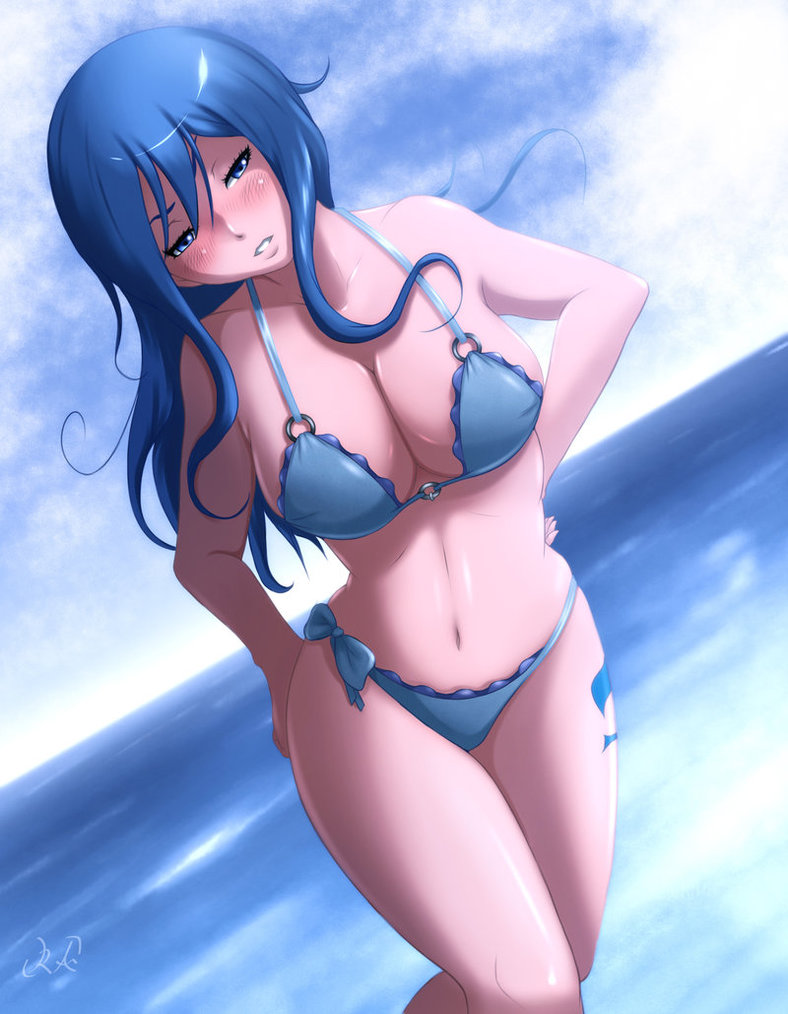 1girls, blue eyes, blue hair, blue tattoo, blue-haired female, blush, fairy tail, fairy tail mark, female, female only, juvia lockser, leg tattoo, long hair, rocky-ace, sea, sky, solo, tagme, tattoo, tattoo on leg, tattoo on legs, tattooed leg