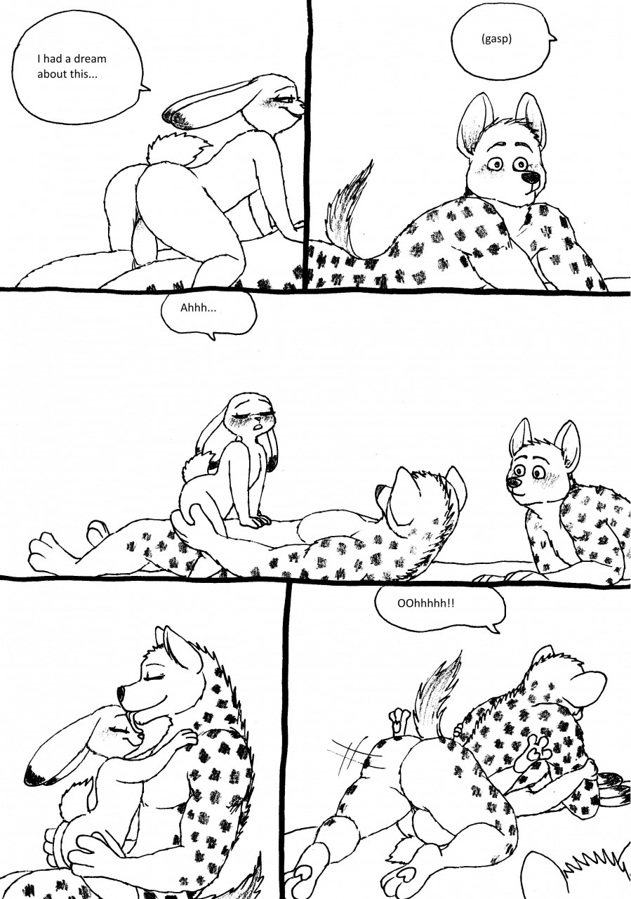 anthro bernielover black_and_white blush comic disney female flat_chest girl_on_top hyena judy_hopps lagomorph male mammal penis rabbit rebecca_(bernielover) zootopia