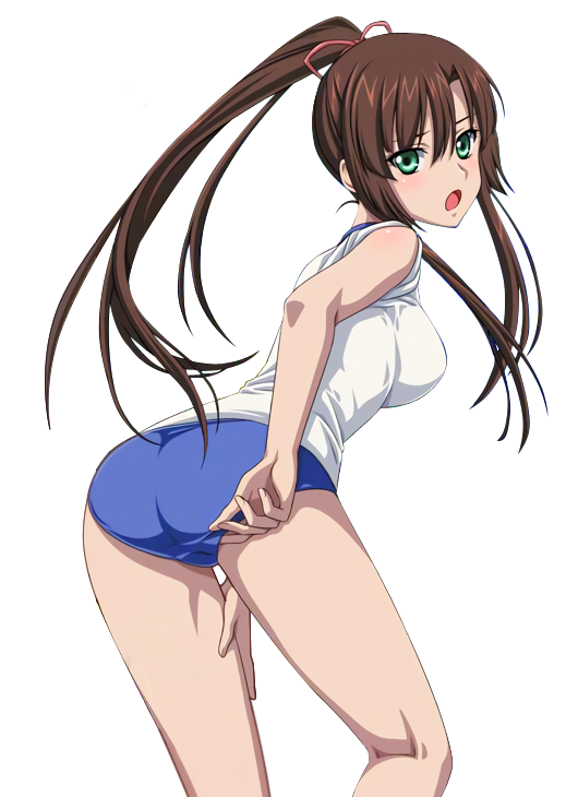 1girls :p adjusting_clothes ass brown_hair clothes clothing female from_behind green_eyes gym_uniform hair_ribbon high_ponytail kirasaka_sayaka leaning_forward long_hair looking_at_viewer looking_back open_mouth pink_ribbon shirt smile solo standing strike_the_blood tagme transparent_background white_shirt