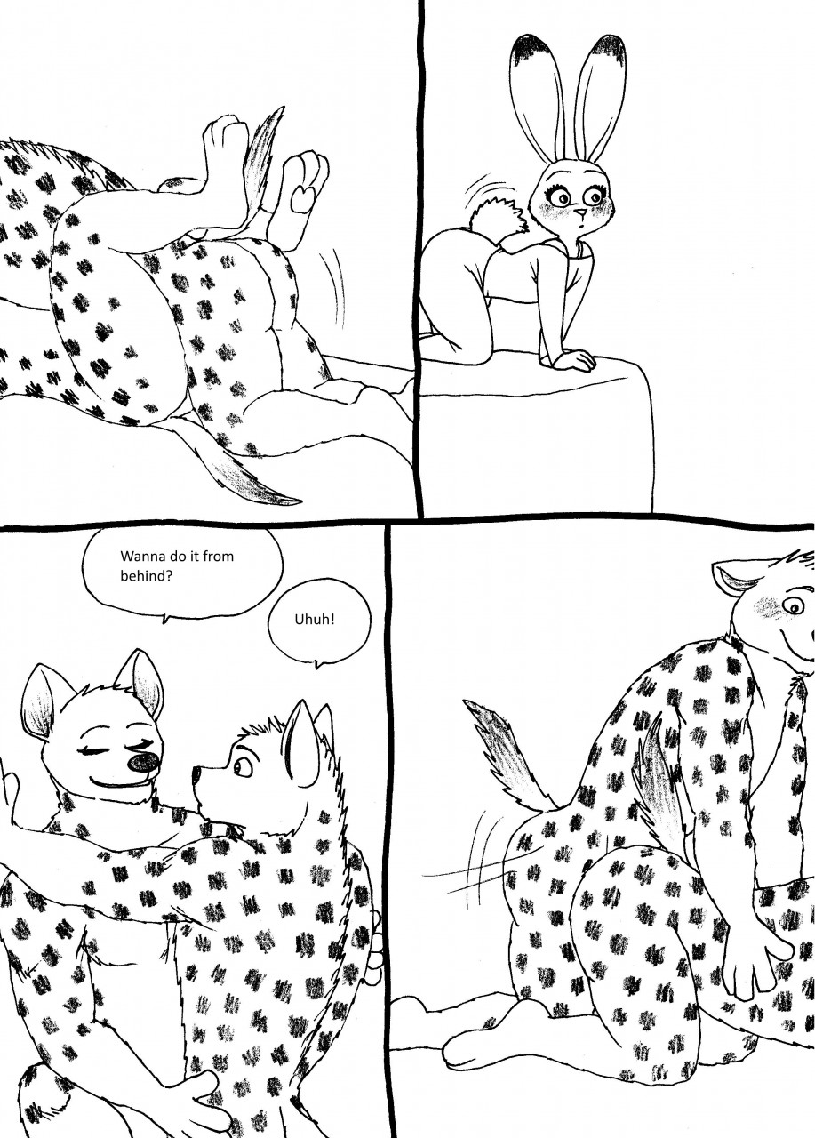 anthro bernielover black_and_white blush clothing comic disney female hyena judy_hopps lagomorph mammal penis rabbit rebecca_(bernielover) zootopia