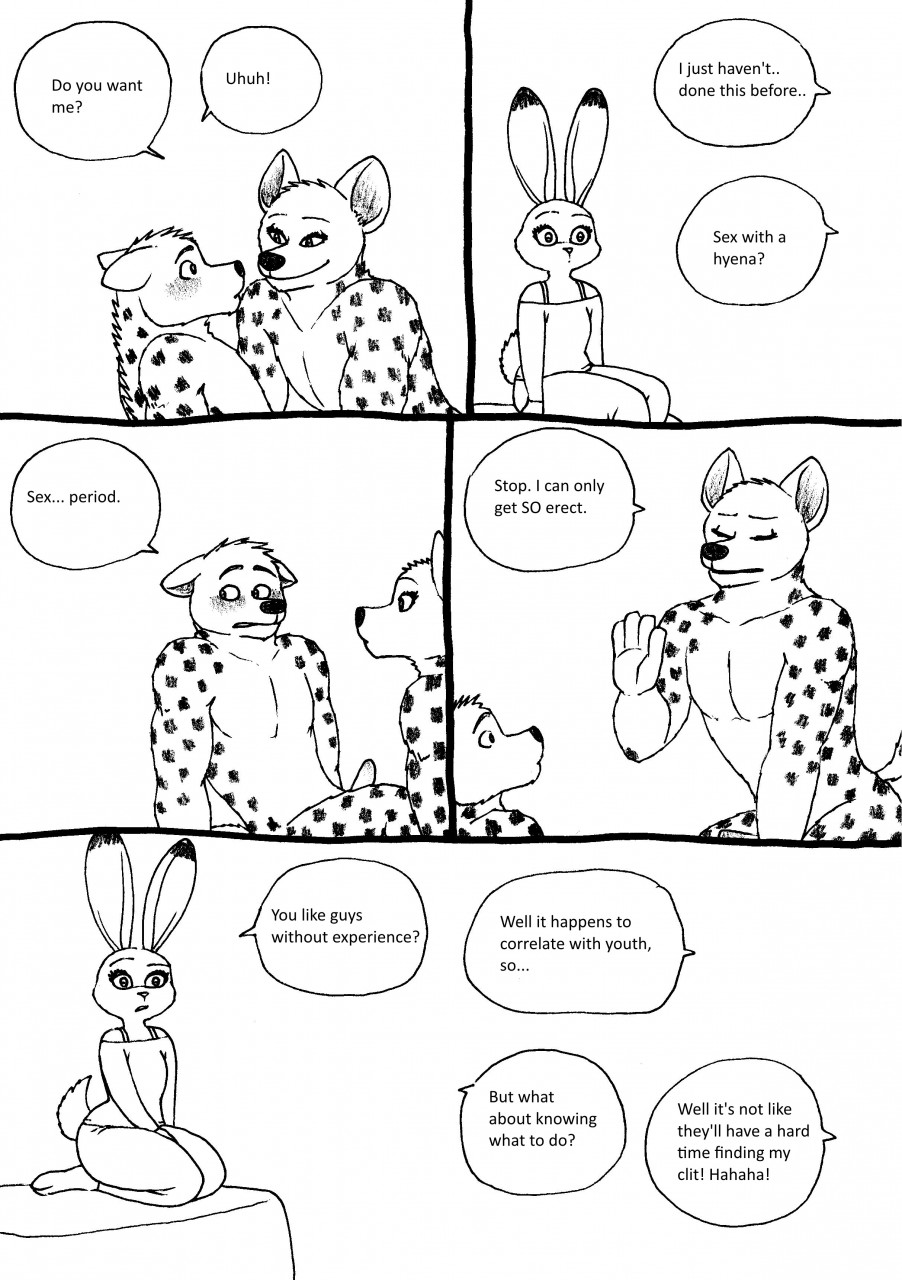 anthro bernielover black_and_white blush clothing comic disney female hyena judy_hopps lagomorph male mammal penis rabbit rebecca_(bernielover) zootopia