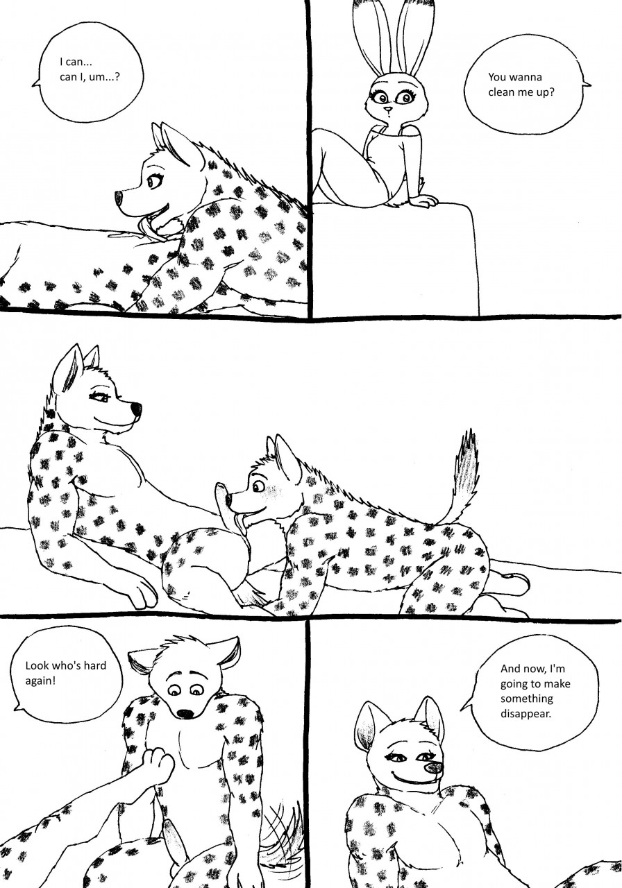 anthro bernielover black_and_white blush clothing comic disney female hyena judy_hopps lagomorph male mammal oral_sex penis rabbit rebecca_(bernielover) voyeur yaoi zootopia