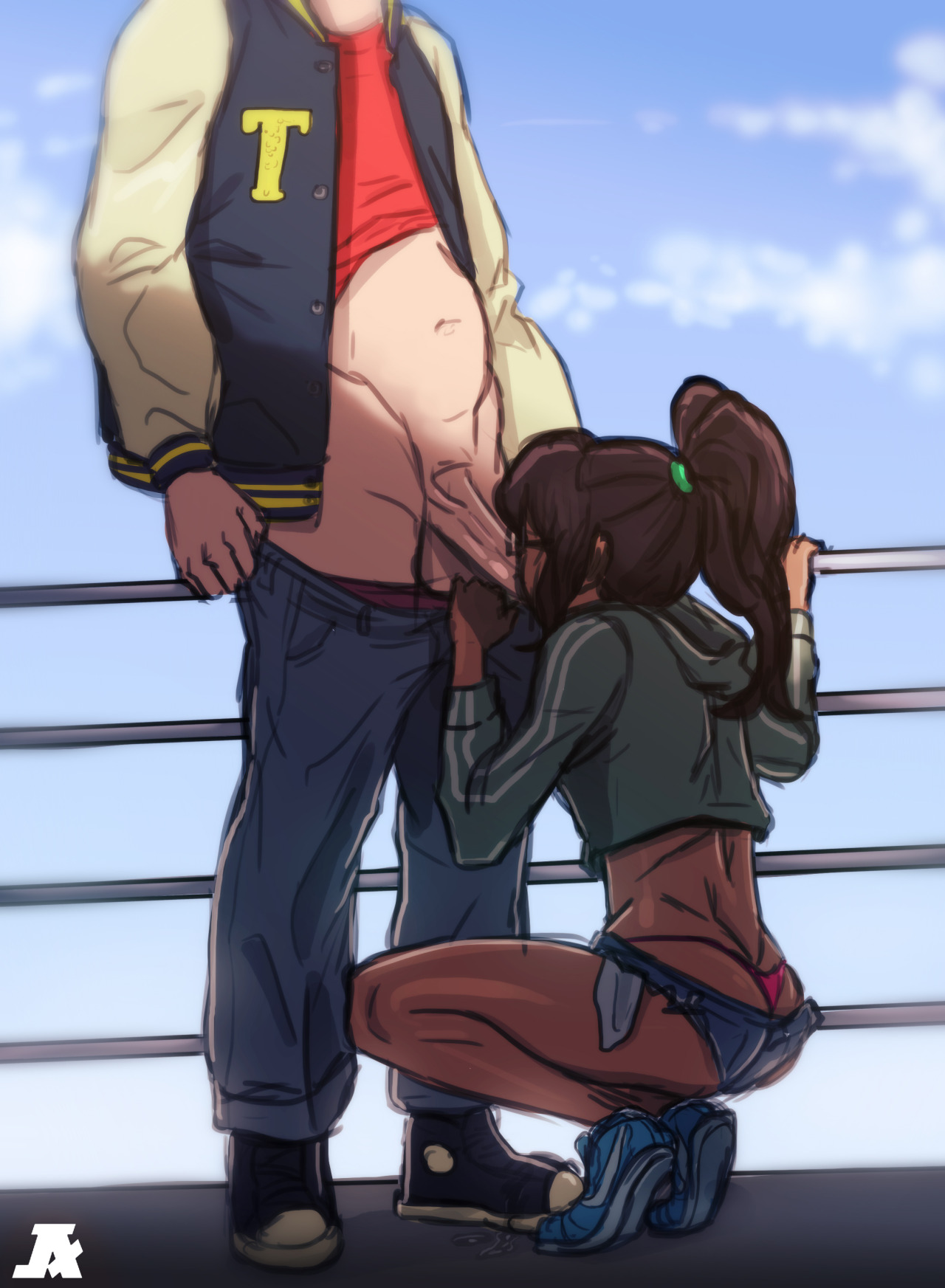 1boy, 1girls, andavaverse, blowjob, blue eyes, brown hair, brunette, bryan, dark skin, dark-skinned female, ester figueroa, fellatio, female, human, interracial, light skin, light-skinned male, long penis, male, male/female, oral, penis, petite, ponytail, pumpkinsinclair, rear view, sex, squatting, unseen male face