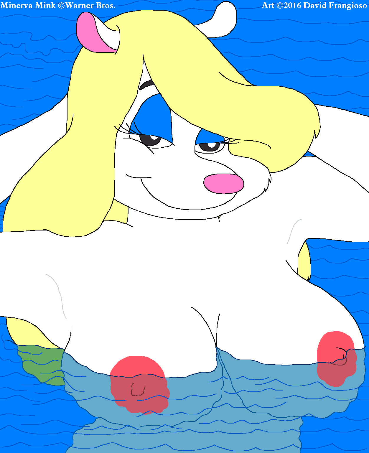 2016 animaniacs areola armpits breasts david_frangioso erect_nipples furry large_breasts mammal minerva_mink mink mustelid nipples nude partially_submerged penis seductive skinny_dipping staring swimming_pool water