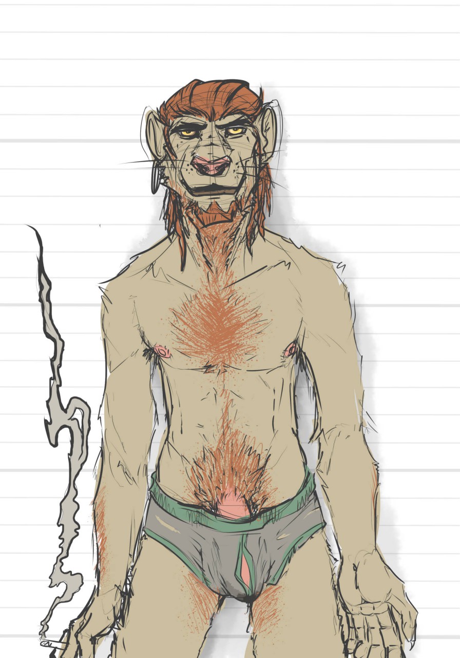 1boy anthro ballsack_outline beard cigarette clothed clothing dick_root facial_hair feline garek_maxwell grey_underwear hair hairy leonine lion male male_nipples male_only mammal penis penis_bulge penis_outline pubes red_hair smoke smoking solo tagme topless underwear