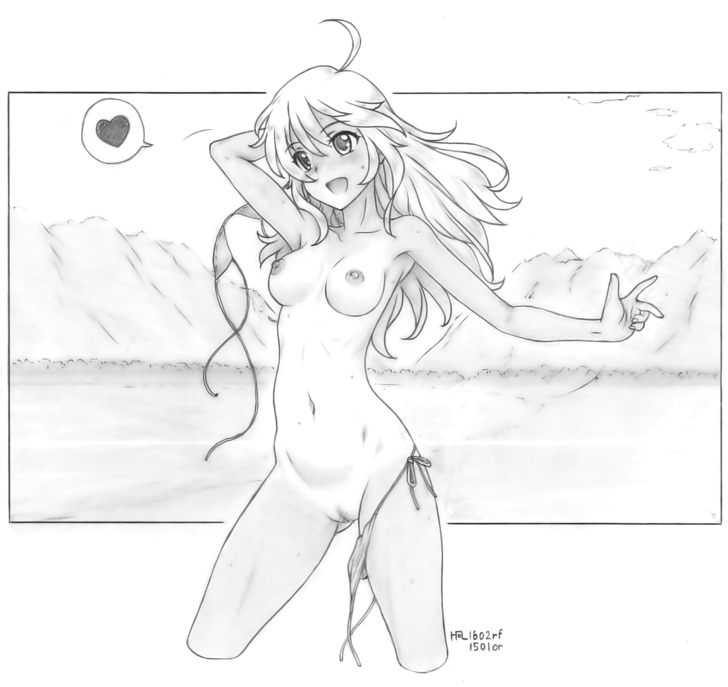 ahoge bikini bikini_around_one_leg bikini_top_removed blush breasts collarbone cowboy_shot female graphite_(medium) greyscale harumachi_nagaaki heart hoshii_miki idolmaster monochrome navel nipples nude open_mouth pussy side-tie_bikini smile solo spoken_heart sweat swimsuit traditional_media untied untied_bikini