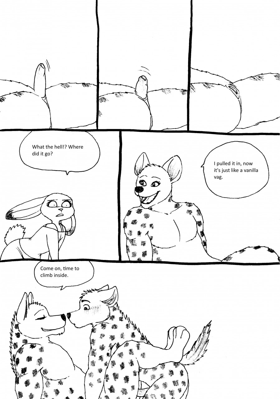 anthro bernielover black_and_white blush clothing comic disney female hyena judy_hopps lagomorph mammal penis rabbit rebecca_(bernielover) zootopia