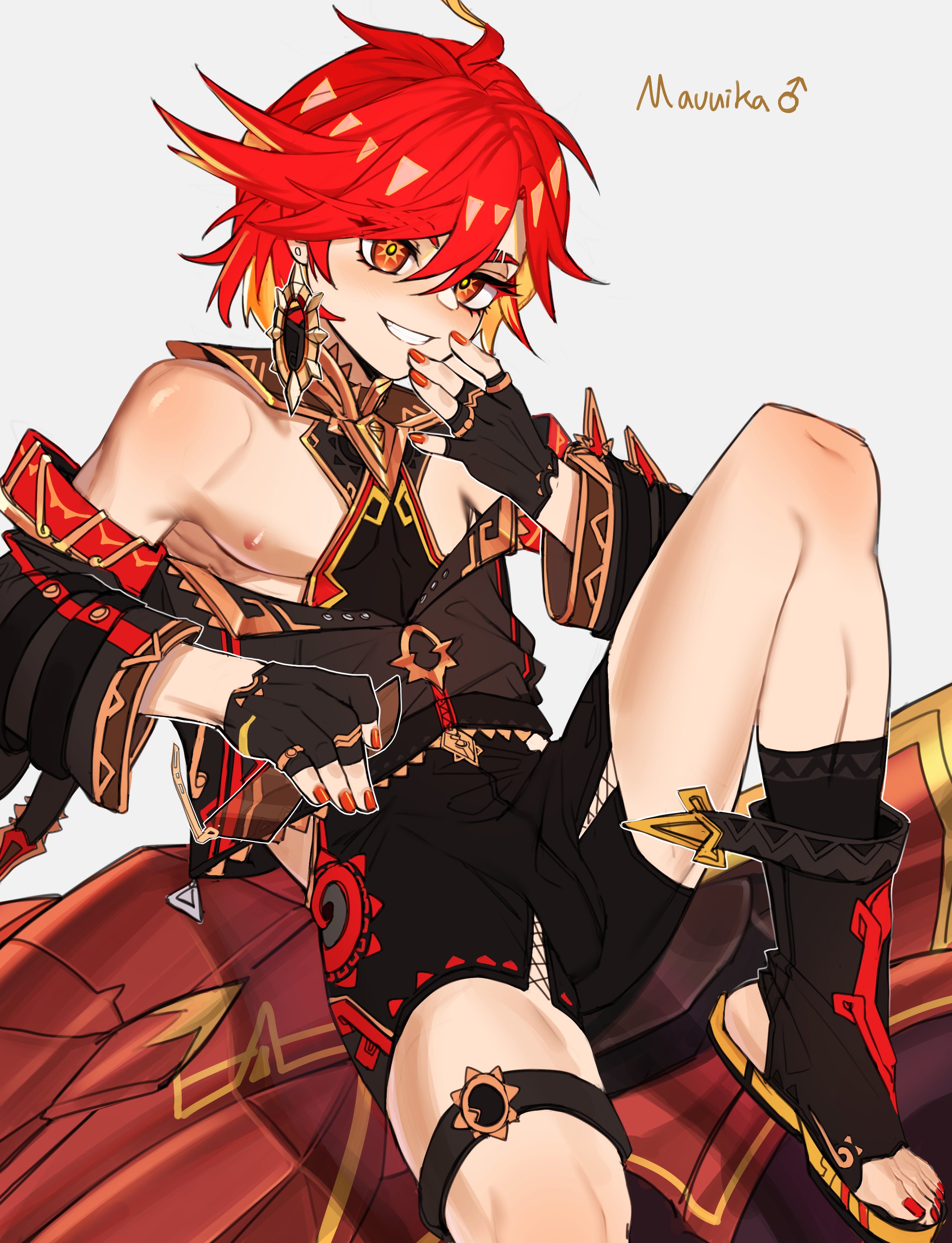 1boy, accessory, bana gameg, bulge, bulge through clothing, clothed, clothing, earrings, exposed nipples, femboy, gay, genderswap, genderswap (ftm), genshin impact, male, male only, male with painted nails, mavuika (genshin impact), nail polish, nails, nipple slip, nipples, painted nails, pecs, red eyes, red hair, revealing clothes, rule 63, smile, solo, solo focus, solo male, spread legs, toes, twink
