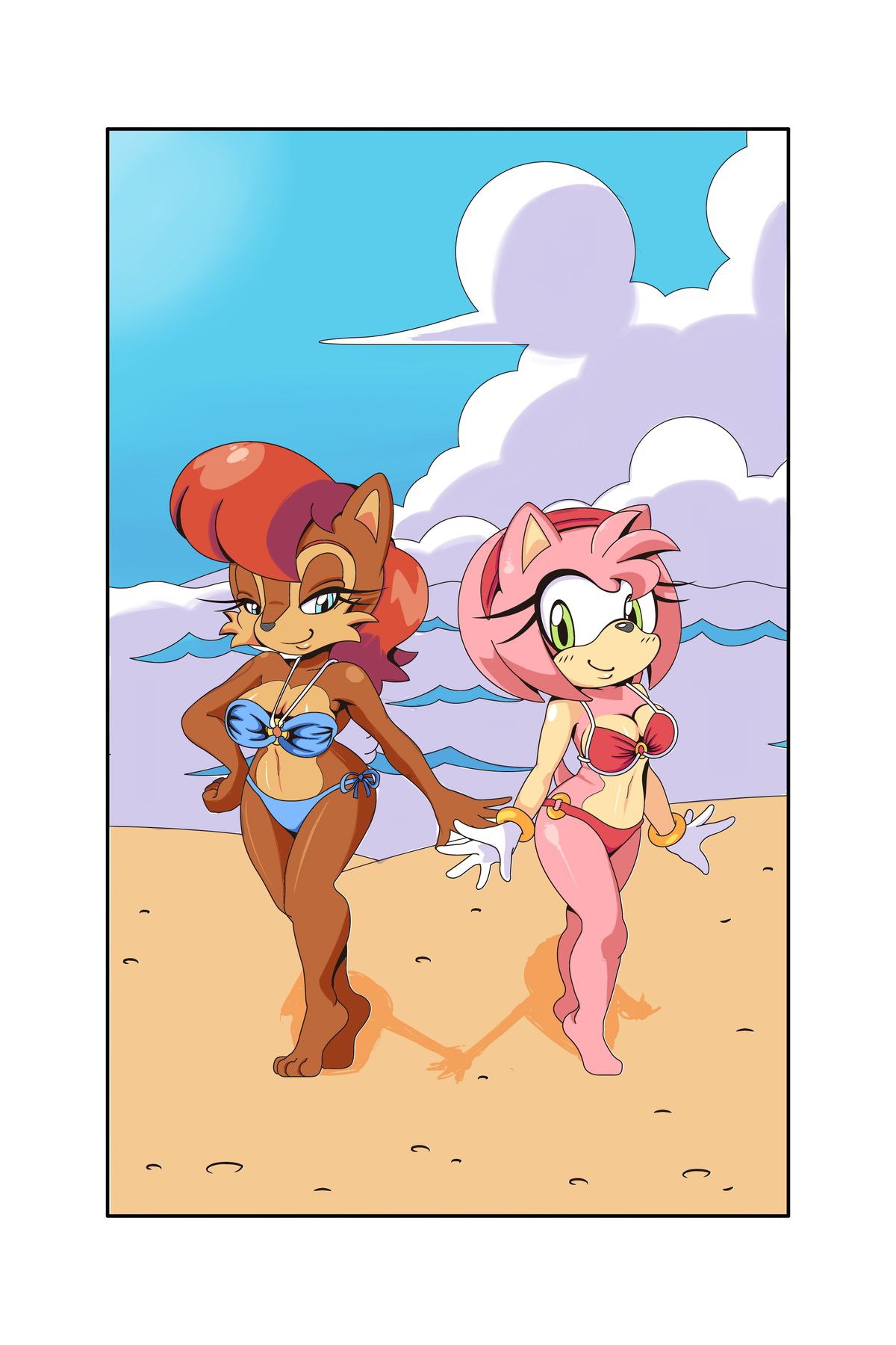 2015 amy_rose anthro aqua_eyes ass barefoot beach bikini black_nose blob_feet blue_bikini breasts brown_fur brown_hair chipmunk cleavage cloudz duo eyelashes featureless_feet feet female female_only furry gloves green_eyes hairband hand_on_hip hedgehog large_breasts looking_at_viewer mammal michiyoshi midriff no_toes outdoors pink_fur pink_hair red_bikini rodent sally_acorn seaside sega side-tie_bikini smile sonic_(series) standing tail tiptoes toeless_feet toes