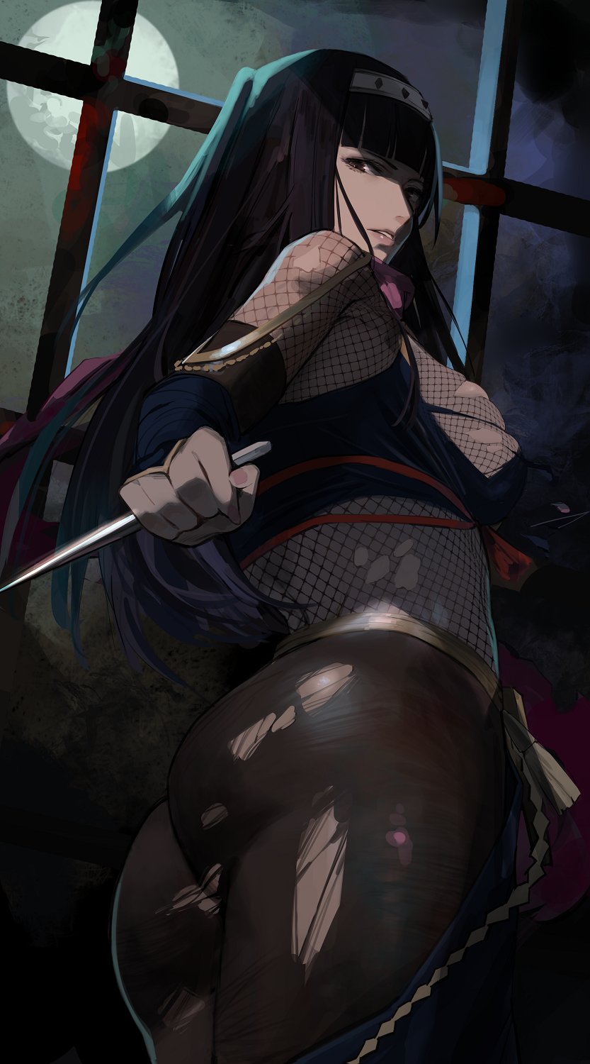 1girls alternate_costume ass big_breasts black_hair blunt_bangs bodystocking brown_eyes clothing_cutout female fire_emblem fire_emblem_awakening fire_emblem_heroes fishnets forehead_protector from_behind indoors j@ck japanese_clothes knife kunoichi large_breasts looking_back moon night ninja nintendo official_alternate_costume pantyhose sideboob skindentation solo tharja_(fire_emblem) tharja_(ninja)_(fire_emblem) thick_thighs thighs torn_clothes torn_pantyhose two_side_up weapon