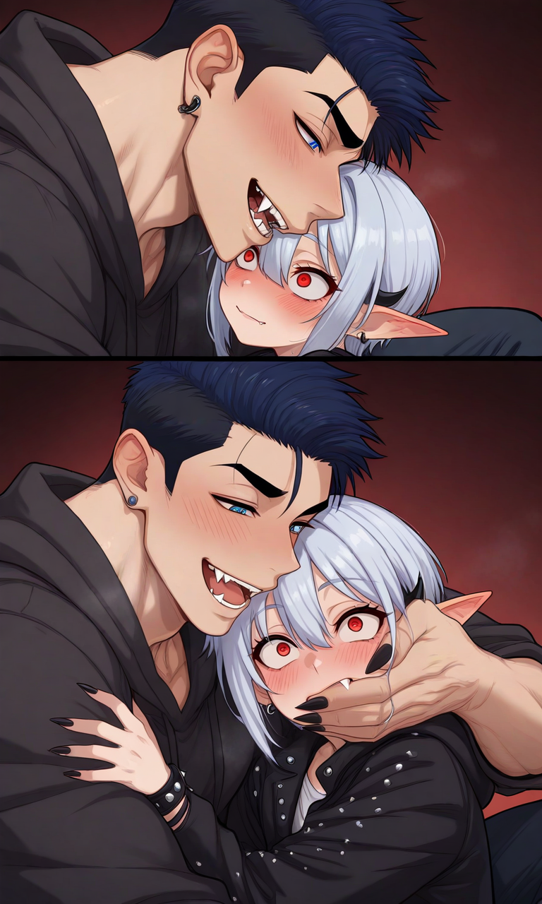 ai_assisted ai_generated couple couple_(romantic) fangs hand_in_mouth highres imminent_sex no_sex panels pixai size_difference straight suggestive suggestive_look teeth teeth_showing vampire