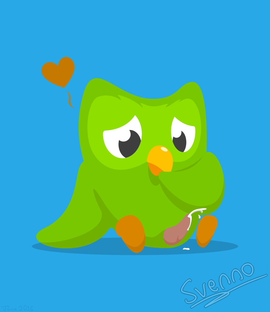 1boy animal_genitalia avian beak bird cum duo_(duolingo) duolingo erection green_body heart male male_only masturbation no_outlines owl penis solo svenno