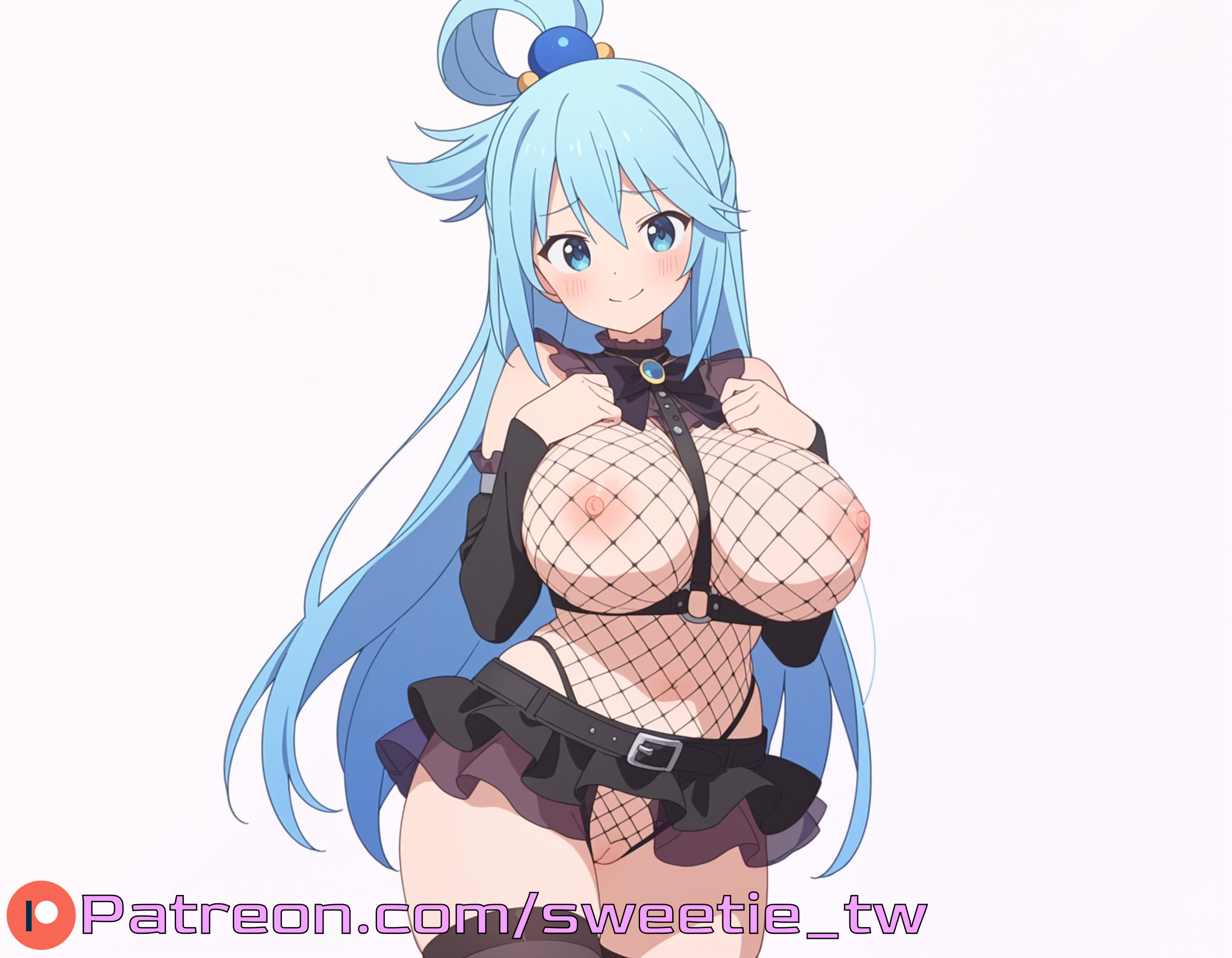 1girls, ai generated, aqua (konosuba), aqua eyes, aqua hair, black belt, black ribbon, blush, breasts, curvy, female, fishnet clothing, fishnet topwear, fishnets, goth, hair ornament, kono subarashii sekai ni shukufuku wo!, large breasts, long hair, miniskirt, nipples, patreon logo, skirt, smile, solo, sweetie tw, thighhighs, white background, wide hips