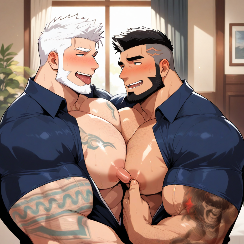 2boys 2dilfs 2male 2men aaron_huton ahe_gao ai_generated bara beard black_hair blush cyphers damian_doyle_(cyphers) dilf gabipad gay huge_nipples huge_pecs living_room mature_male mohawk muscular muscular_male nipple_play open_clothes open_shirt pecs pecs_focus pecs_pressed_together pecs_touching shirt tattoo tight_shirt white_hair