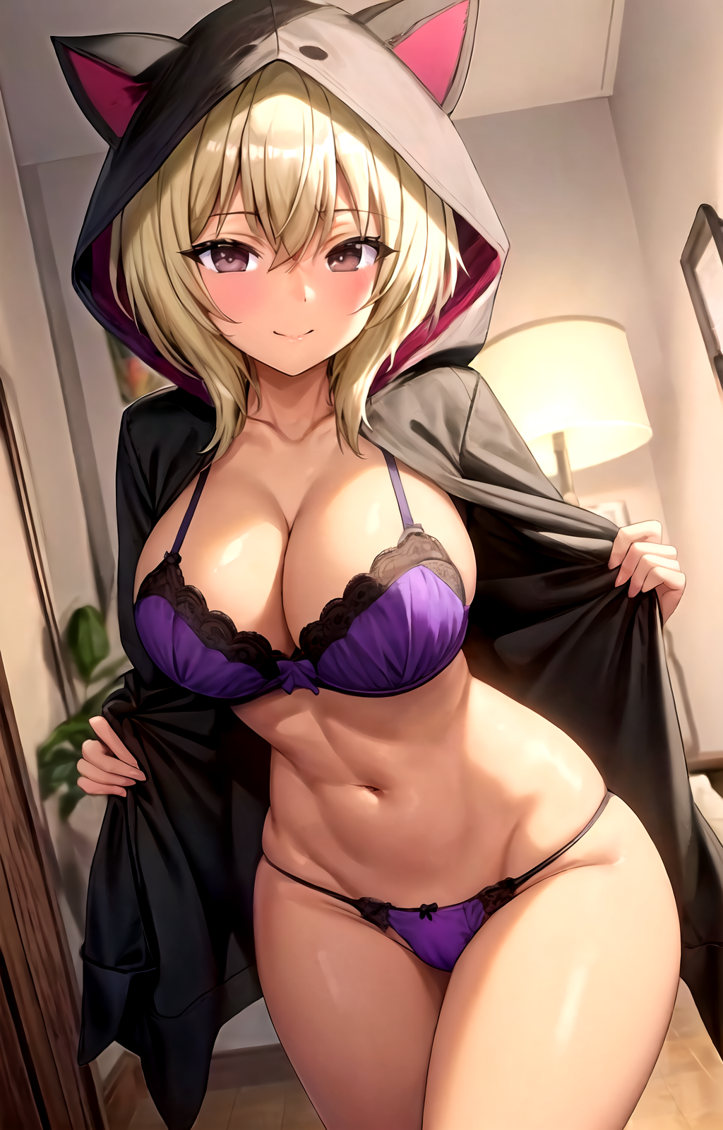 ai_generated animal_hood black_jacket blonde_hair blush bow bra breasts brown_eyes cameltoe cat_hood cleavage closed_mouth collarbone cowboy_shot female groin hair_between_eyes hikaru_(rape_gouhouka!!!) hood hood_up hooded_jacket indoors jacket lace-trimmed_bra lace-trimmed_panties lace_trim large_breasts lingerie looking_at_viewer navel open_clothes open_jacket panties pixiv plant purple_bra purple_panties rape_gouhouka!!! rena_aikawa_(pixiv_user) short_hair skindentation smile solo stable_diffusion standing stomach string_panties tagme thighs underwear