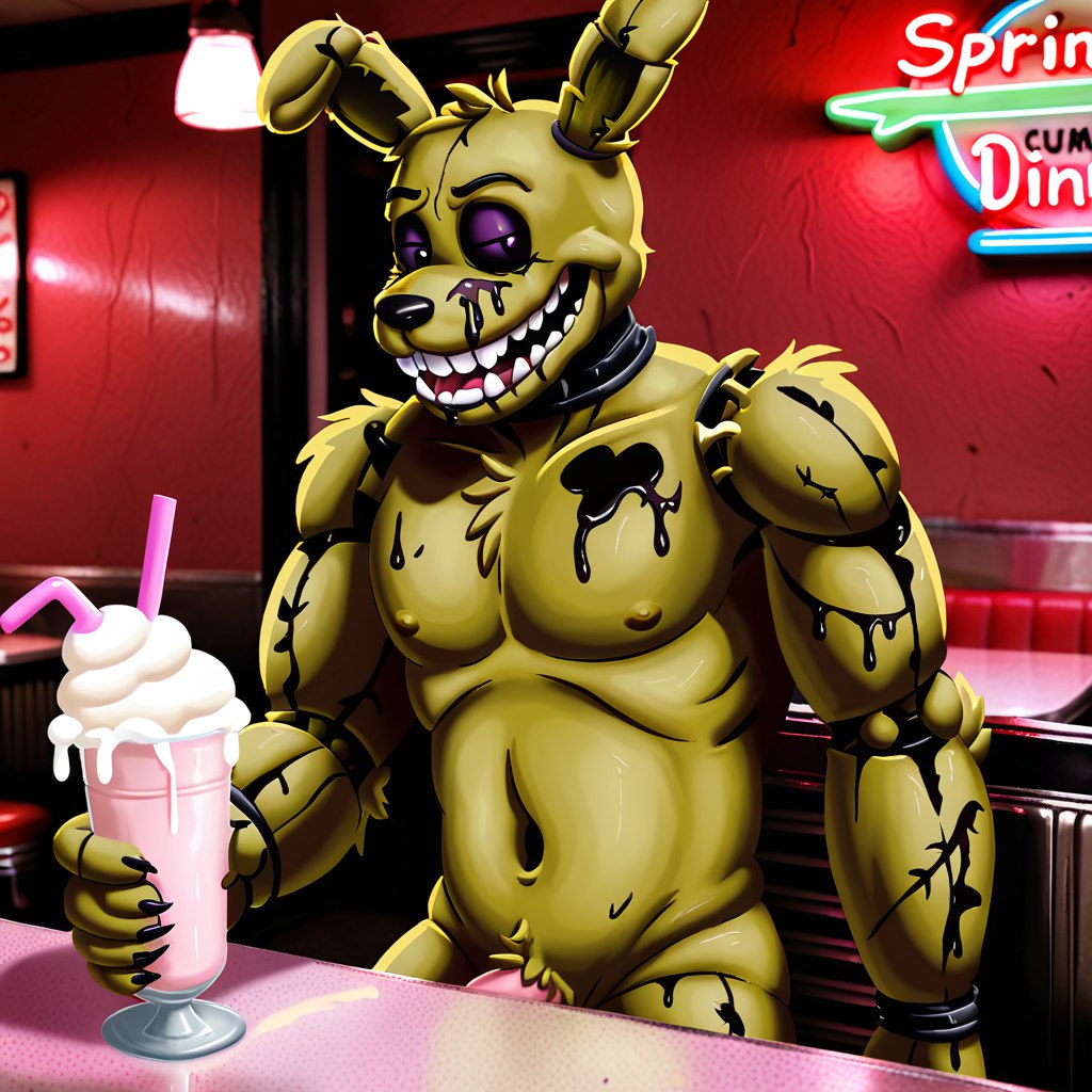 ai_generated anthro cum cum_in_drink diner erection feeding_cum five_nights_at_freddy's male male_only milkshake nude penis penis_under_table serving_cum smug_face sneaking solo solo_focus springtrap_(fnaf)