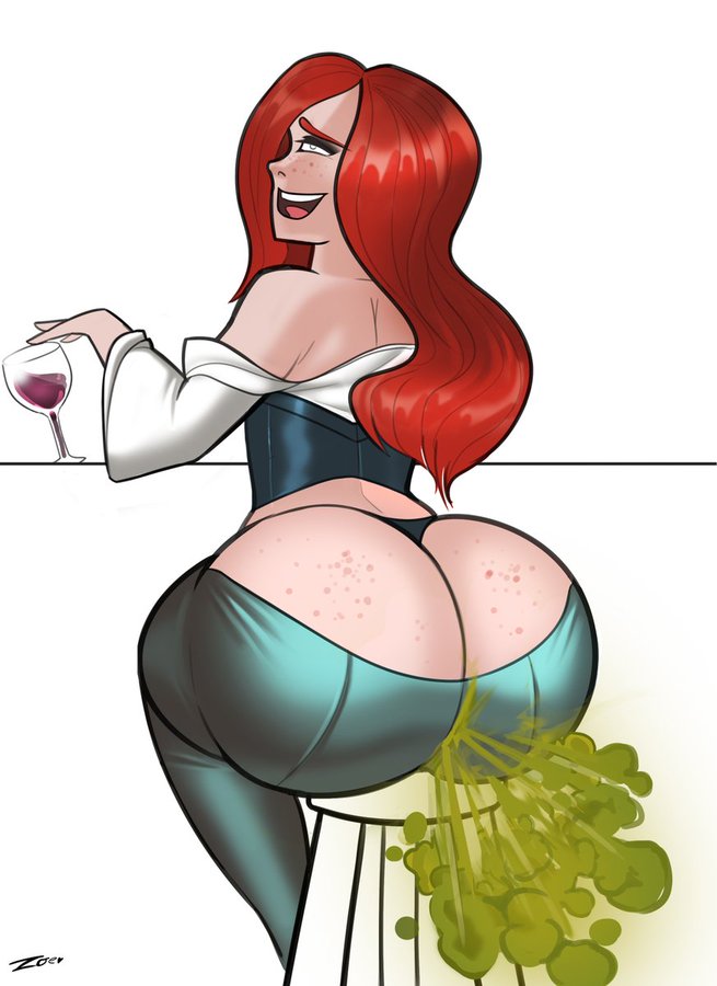 1girls artist_request ass big_ass butt_crack curvy enjoying_farting fart fart_cloud fart_fetish freckles g_string huge_ass orange_hair pants_down relief round_ass wide_hips wine_glass