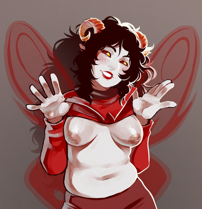 1girls aradia_megido black_hair blush breasts chubby clothing flashing grey_background grey_skin homestuck horns inverted_nipples long_hair ms_paint_adventures nipples pointy_ears puni_(artist) red_eyes red_lips shirt_lift smile solo troll wings