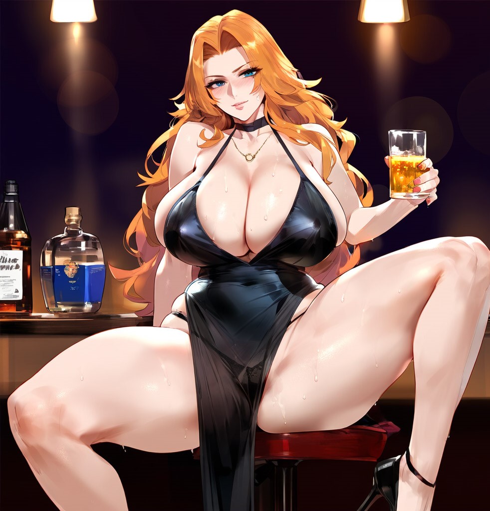 1girls ai_generated bangs bar bare_shoulders bleach bleach:_the_thousand-year_blood_war blue_eyes blush breasts cleavage depressu dress drinking evening_gown huge_breasts jewelry long_hair looking_at_viewer matsumoto_rangiku mole mole_under_mouth necklace see-through sitting smile spread_legs sweat thick_thighs thighs thong