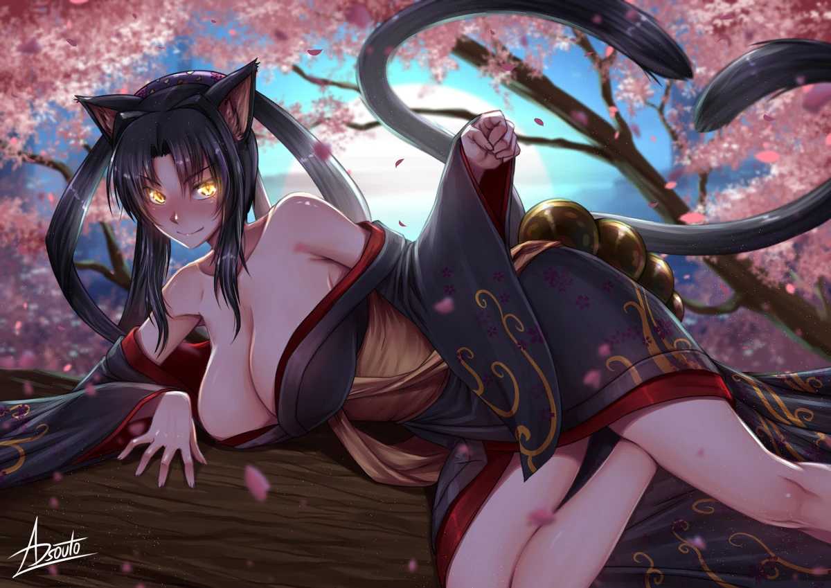 1girls adsouto ai_generated cat_ears cat_tail catgirl high_school_dxd kimono kuroka_(high_school_dxd) lying_on_side nekomata smile solo tree yukata