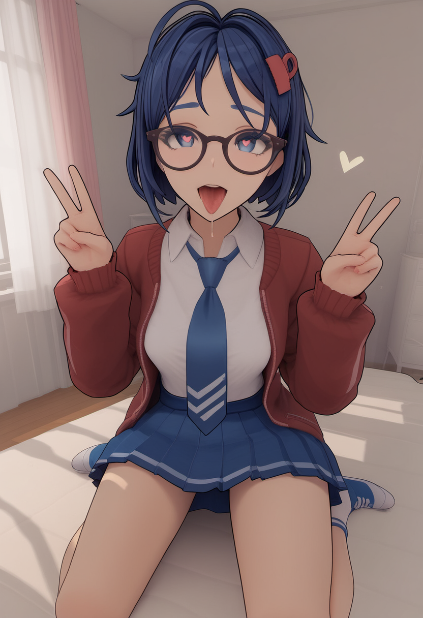 ahe_gao ai_generated altra_x bed blue_eyes blue_hair double_v glasses heart heart-shaped_pupils indoors kneeling medium_breasts messy_hair mila_(miside) miside mita_(miside) on pleated_skirt saliva_on_tongue shirt sweater tie tongue_out white_shirt