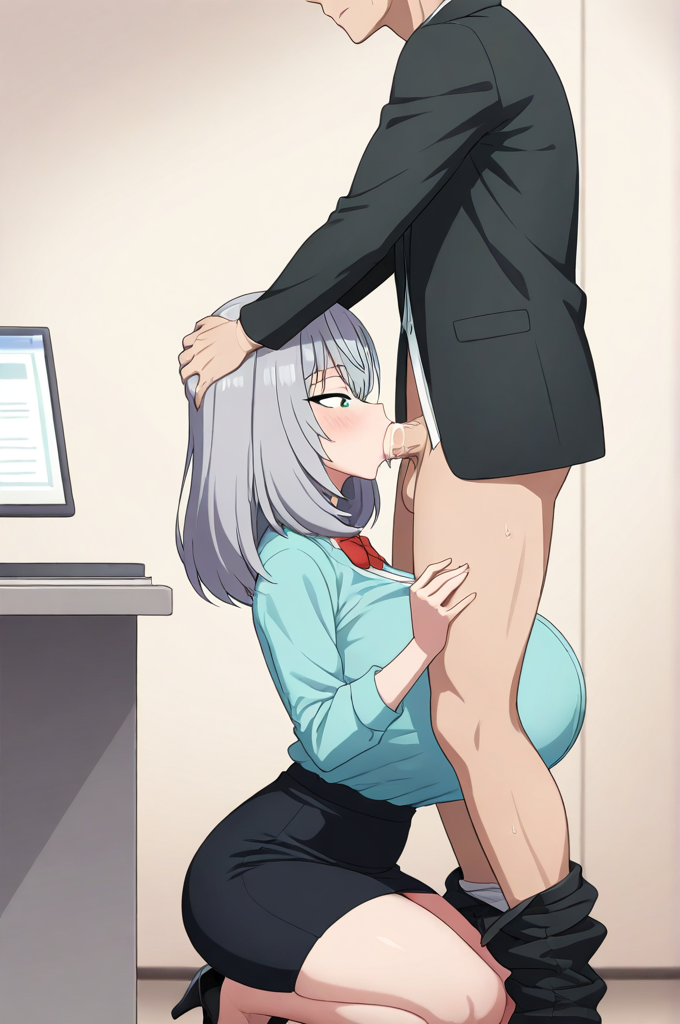 1boy ai_generated blue_eyes female female huge_breasts office office_lady oral shoulder_length_hair silver_hair teamrocktgrl tejina_senpai tejina_senpai_(character) tejina_senpai_(series)