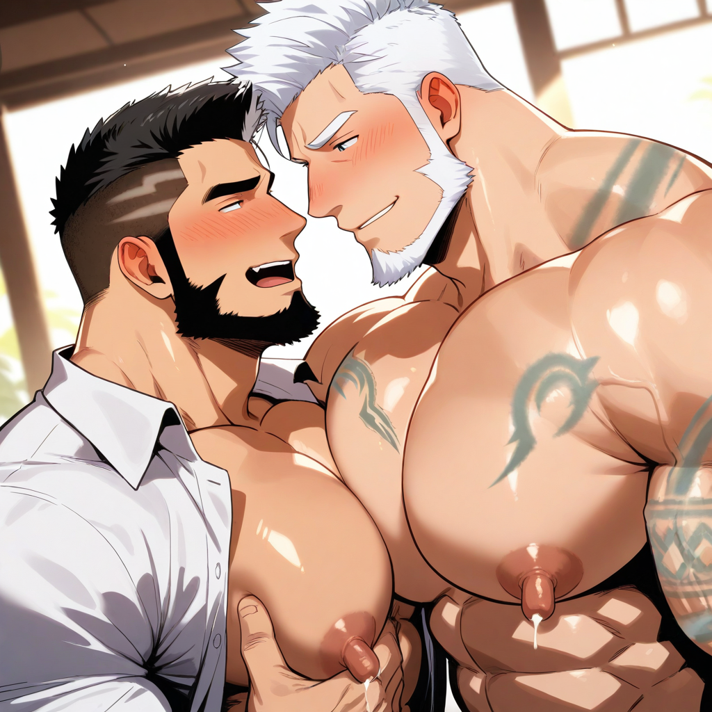 2boys 2dilfs 2male 2men aaron_huton ahe_gao ai_generated bara beard black_hair blush cyphers damian_doyle_(cyphers) dilf gabipad gay huge_nipples huge_pecs living_room mature_male mohawk muscular muscular_male nipple_play open_clothes open_shirt pecs pecs_focus pecs_pressed_together pecs_touching shirt tattoo tight_shirt white_hair