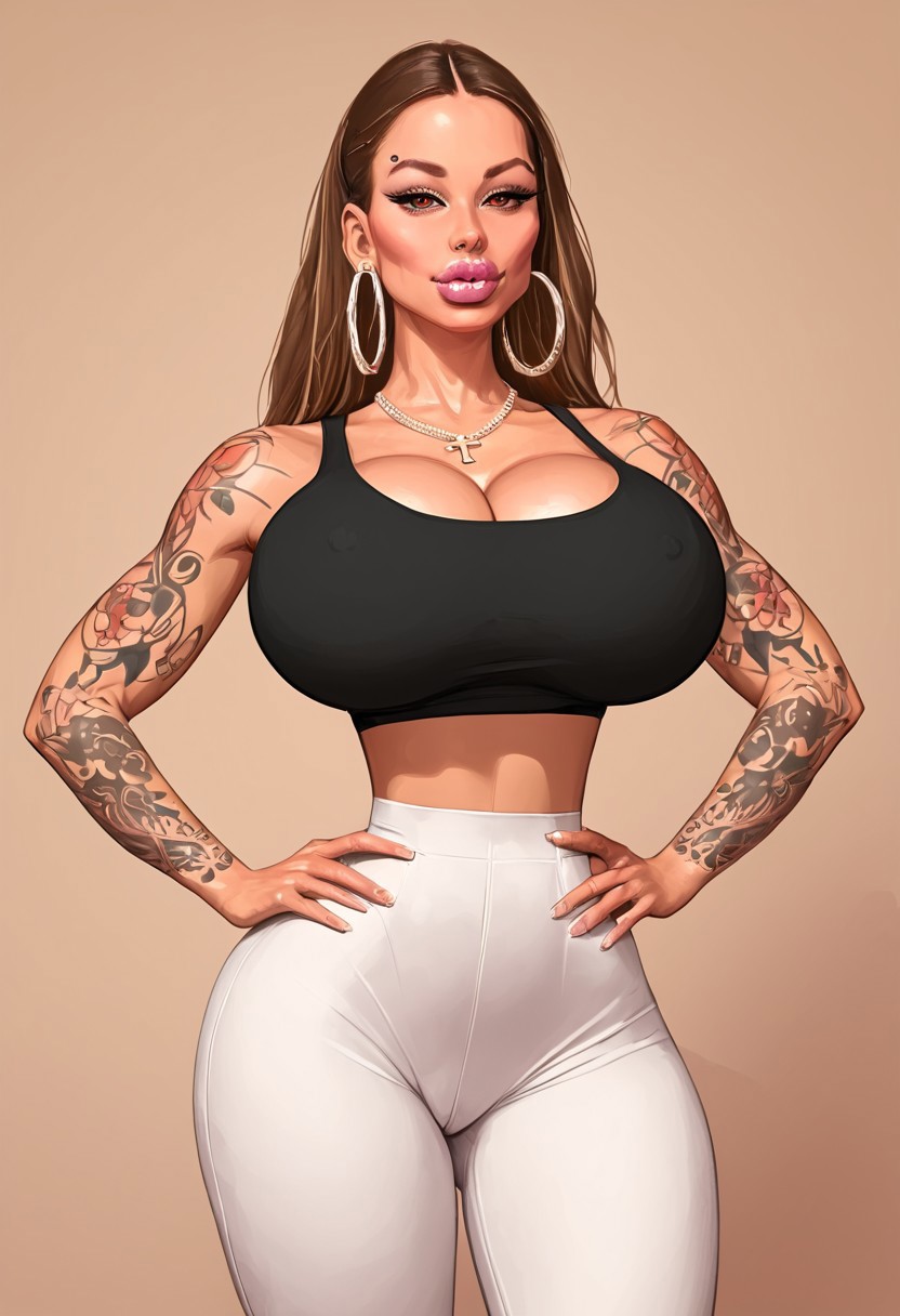 ai ai_generated bimbo bimbo_body bimbo_lips blank_background brown_hair french_nails mackenzie_summers milf oc original original_character pinup sports_bra white_pants yoga_pants