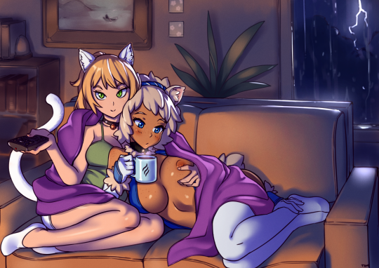 2girls animal_ears animal_tail blanket borrowed_character breast_grab bunny_and_fox_world cat_ears cat_girl cat_tail couch cuddling demon_wings duo multiple_girls optionaltypo sapphic_neko sheep sheep_girl shephira wings yuri