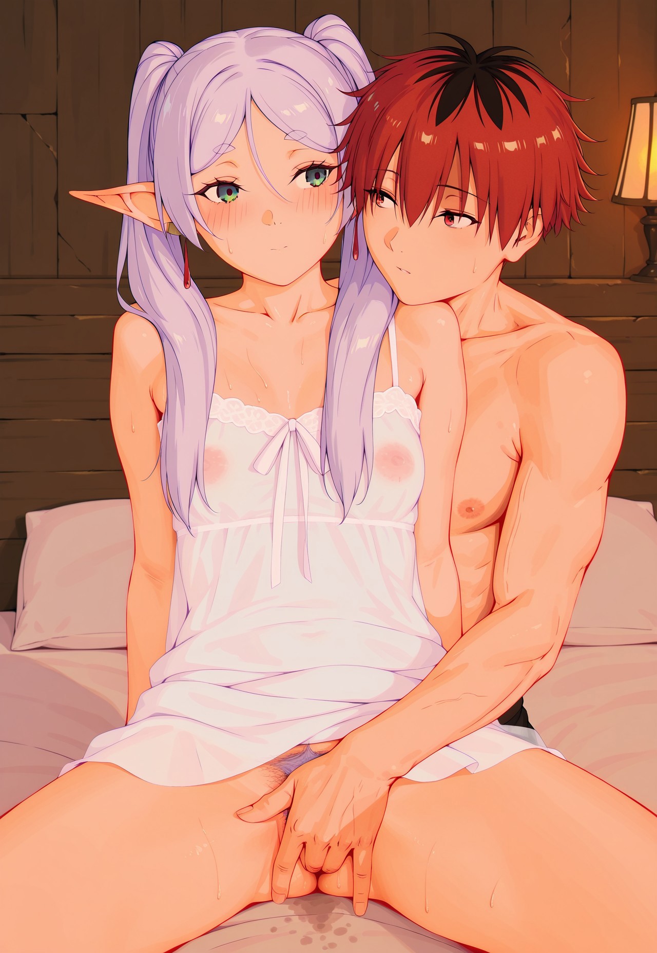 1boy, 1girls, ai generated, breasts, female, fingering, fingering partner, frieren, galaktika73, half naked, long hair, male, pubic hair, pussy, silver hair, small breasts, sousou no frieren, style parody, vaginal penetration