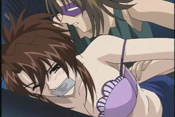 1boy blindfold blush bondage bound brown_hair daraku_onna_kyoushi_hakai female gag gagged improvised_gag lingerie male mask ragawa_kiriko underwear