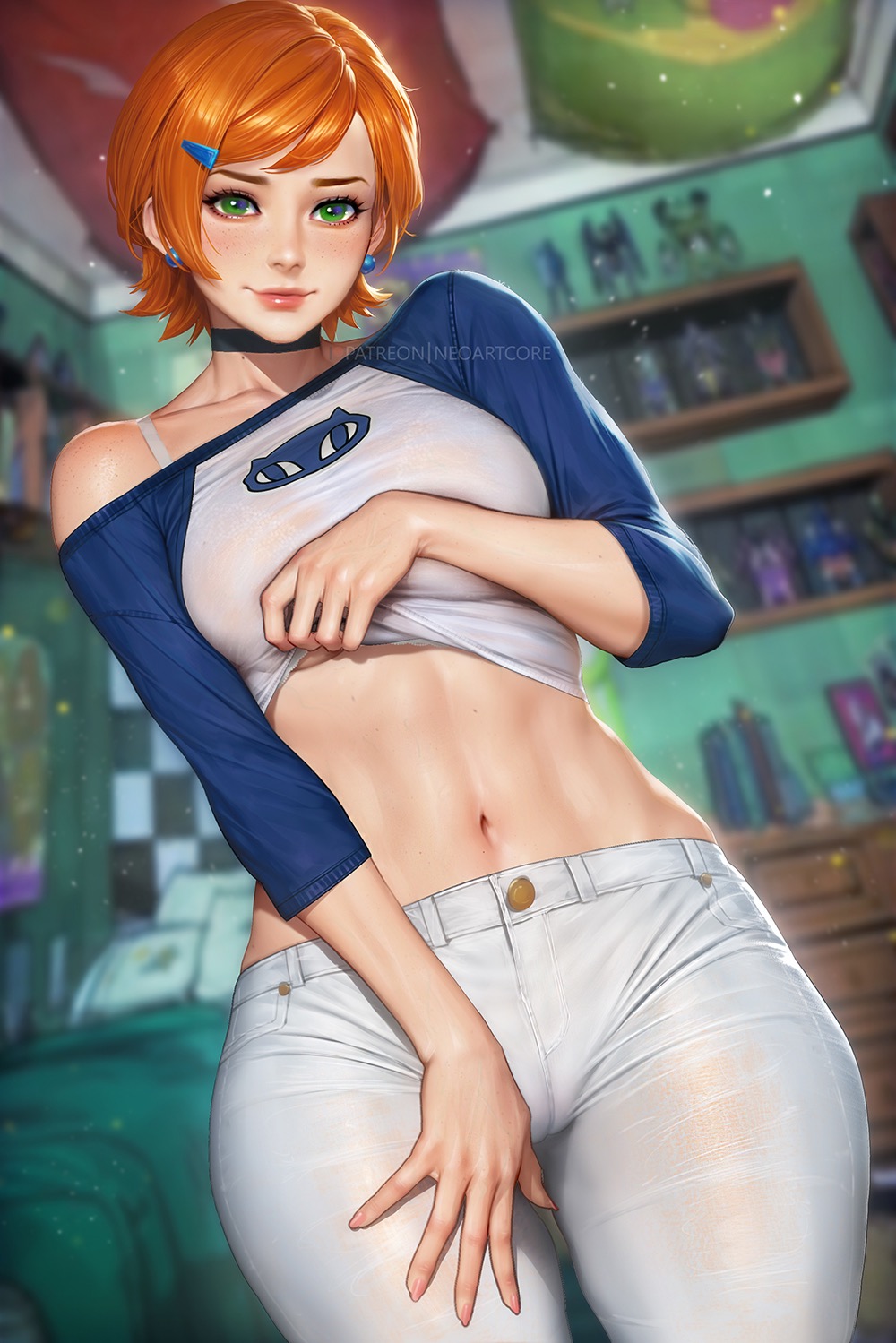 ben_10 blue_shirt earrings female female_focus female_only freckles green_eyes gwen_tennyson long_pants long_sleeves neoartcore orange_hair ripped_pants sexy_body sexy_clothing sexy_pose short_hair shoulders showing_off standing stomach taking_clothes_off taking_off_shirt thick_thighs thighs tight_body tight_clothing tight_pants tight_pussy tight_shirt white_bra white_pants younger_female