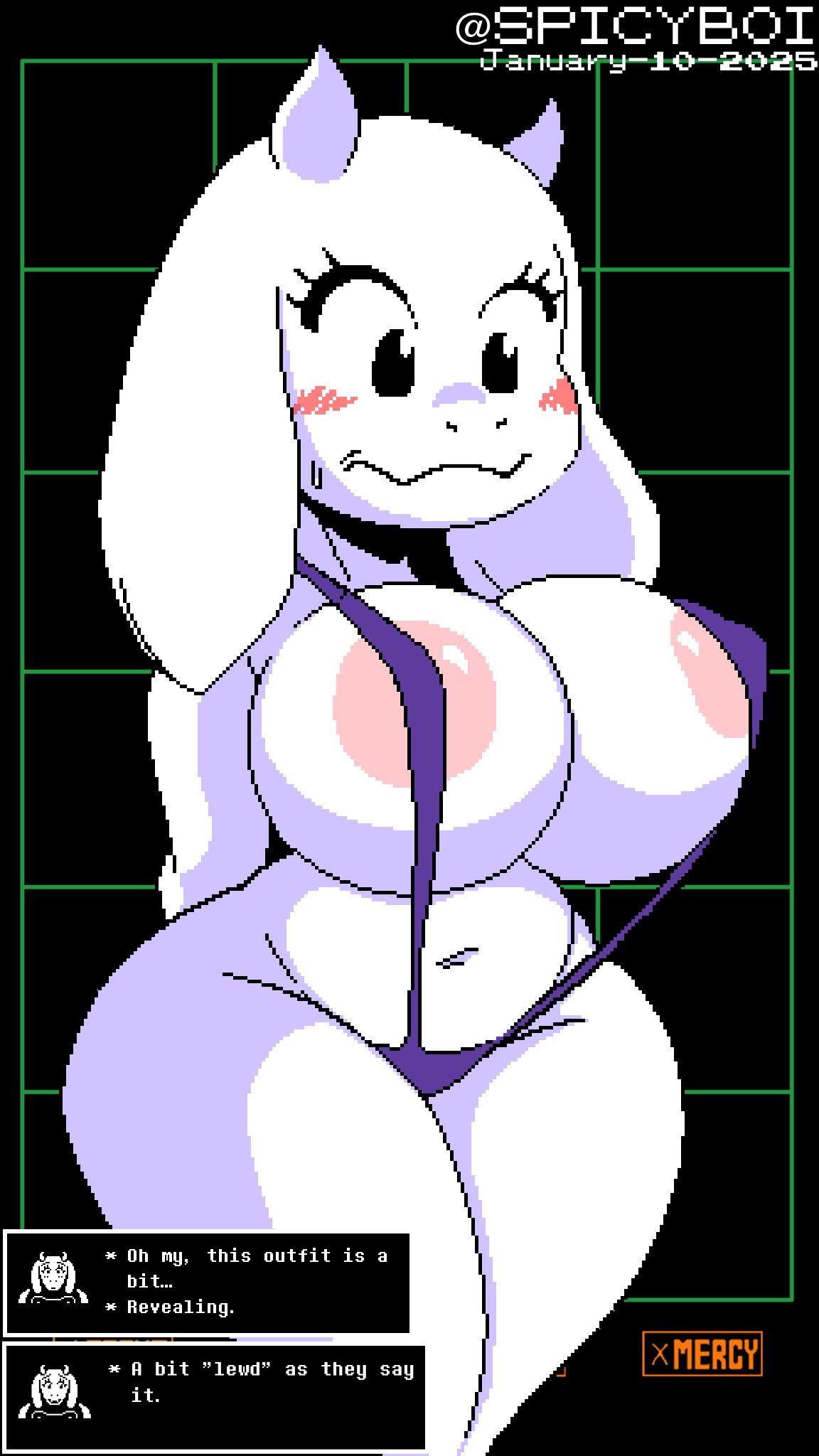 1girls animal_ears anthro areolae blush bovid caprine dated dialogue dialogue_box female female_only furry goat goat_girl horns large_breasts navel pixel_art sling_bikini solo spicyboi starrock64 sweatdrop tagme thick_thighs toby_fox toriel twitter_username undertale undertale_(series) white_fur