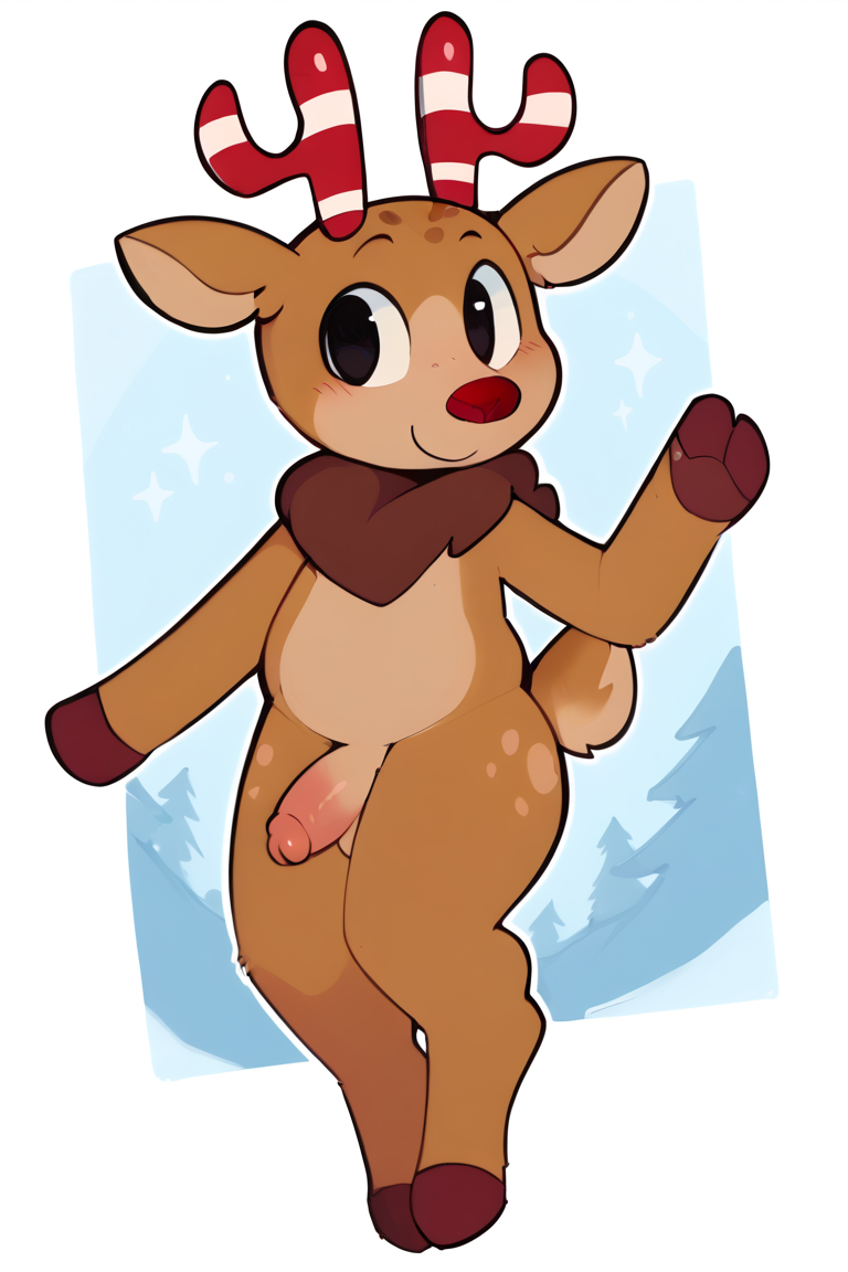 1boy ai_generated anthro anthro_only antlers brown_body brown_fur christmas dandy's_world deer deer_antlers deer_tail femboy fluffy_neck_fur furry furry_male furry_only hooves male male_anthro male_focus male_only naked neck_fur neck_tuft nude penis red_nose reindeer reindeer_antlers roblox rudie_(dandy's_world) short_tail solo solo_focus solo_male