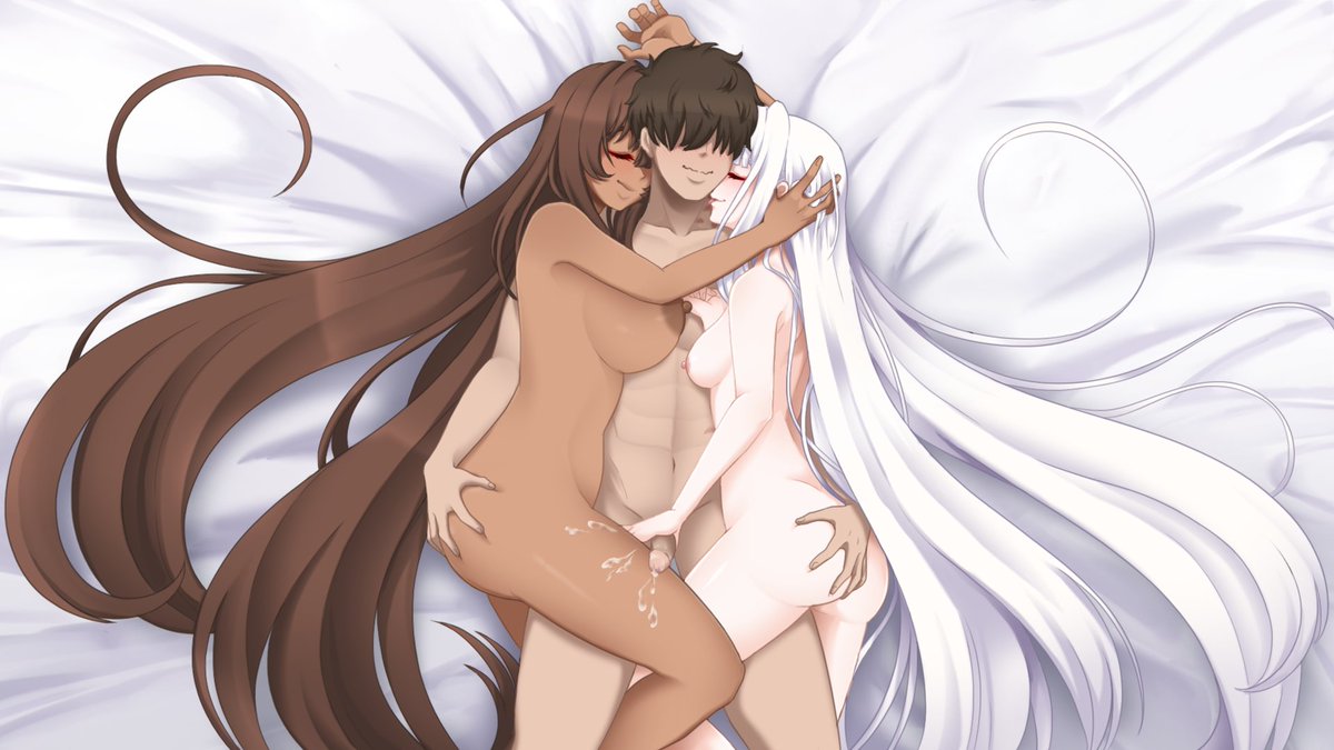 1boy 2girls ass bed bed_sheet blanc_(nikke) blush breasts brown_hair closed_eyes commander_(nikke) completely_nude cuddling cuddling_handjob cum dark-skinned_female dark_skin girl_sandwich goddess_of_victory:_nikke grabbing_another's_ass groping hair_over_eyes hand_on_another's_ass handjob happy_sex hug incognigoat large_breasts licking licking_another's_neck long_hair lying multiple_girls nipples noir_(nikke) nude on_back on_bed penis sandwiched shimaidon_(sex) short_hair siblings sisters small_breasts smile straight tongue tongue_out very_long_hair white_hair