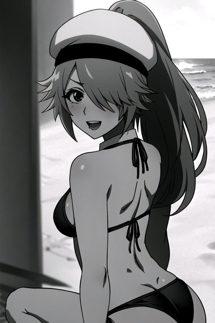 1girls ai_generated bangs bare_shoulders beach bikini bikini_bottom bikini_top bleach bleach:_the_thousand-year_blood_war blonde_hair blush collar female female_only hat long_hair looking_at_viewer looking_back monochrome nikita_deslock open_mouth outdoors outside ponytail quincy sideboob smile sternritter teeth tongue