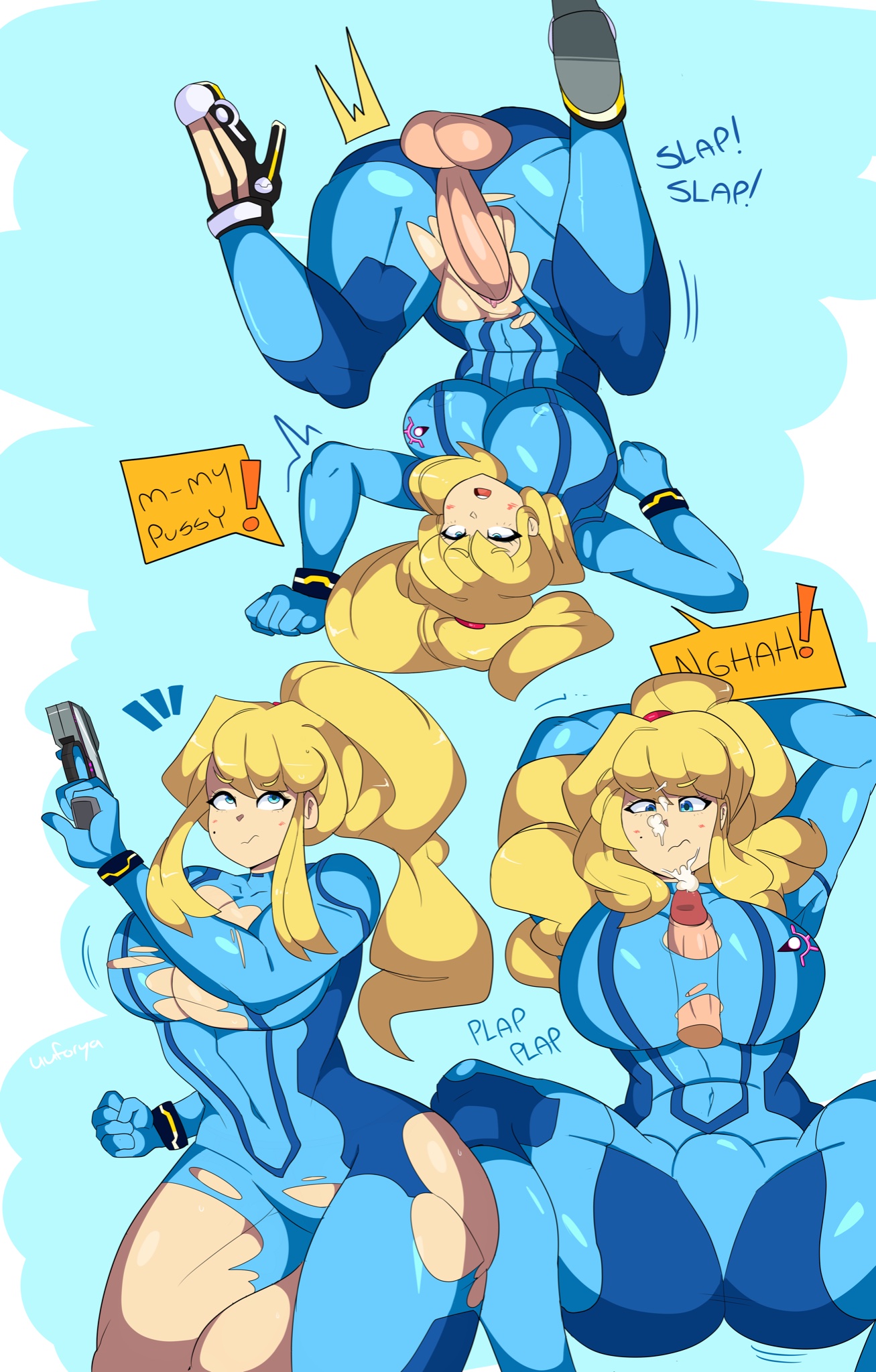 1boy, 1girls, alternate breast size, big breasts, big penis, bimbo, blonde hair, breasts, cum between breasts, ejaculation between breasts, female, large breasts, large penis, light skin, light-skinned male, male, metroid, nintendo, paizuri, penis, ponytail, samus aran, sex, straight, uuforya, zero suit, zero suit samus