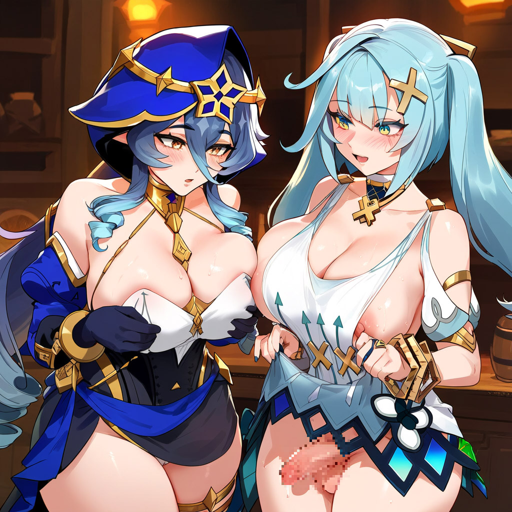 2girls ai_generated bangs bare_shoulders black_gloves blue_hair blush breasts cleavage covered_nipples dress elbow_gloves eyebrows_visible_through_hair faruzan_(genshin_impact) flaccid flaccid_penis futa_with_female futanari genshin_impact gloves hair_between_eyes hair_ornament large_breasts layla_(genshin_impact) long_hair mosaic_censoring multiple_girls nipples open_mouth panties penis skirt_lift testicles thighhighs very_long_hair yellow_eyes yuri