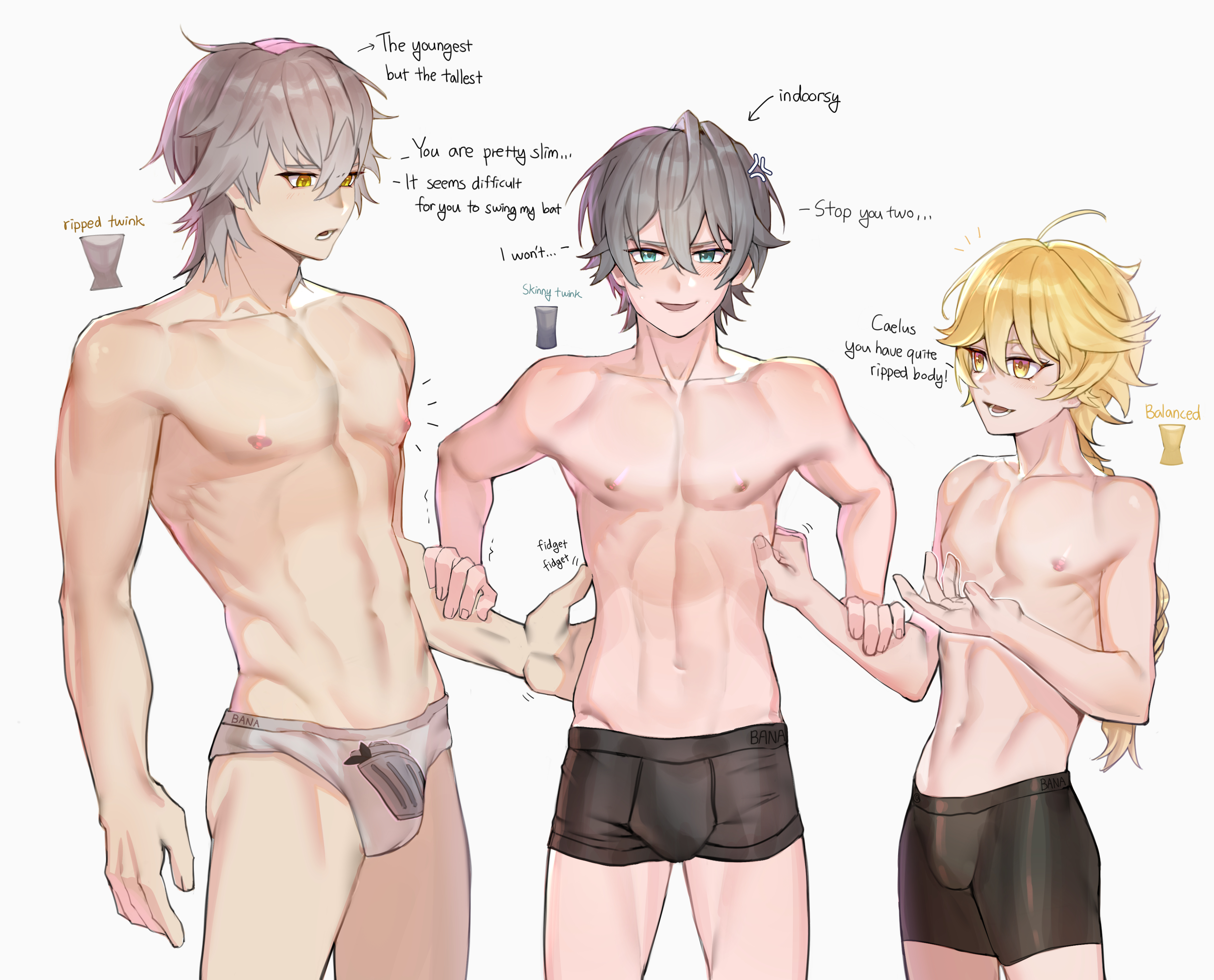 3boys, aether (genshin impact), annoyed, bana gameg, blue eyes, body type, boxer briefs, boxers, briefs, bulge, bulge through clothing, caelus (honkai: star rail), crossover, english text, flirting, gay, genshin impact, grey hair, honkai: star rail, hoyoverse, hunk, male, male focus, male only, mihoyo, multiple boys, multiple males, nervous, nipples, ponytail, shirtless, solo male, text, tighty whities, touching, twink, twunk, underwear, underwear only, wise (zenless zone zero), yaoi, yellow eyes, yellow hair, zenless zone zero