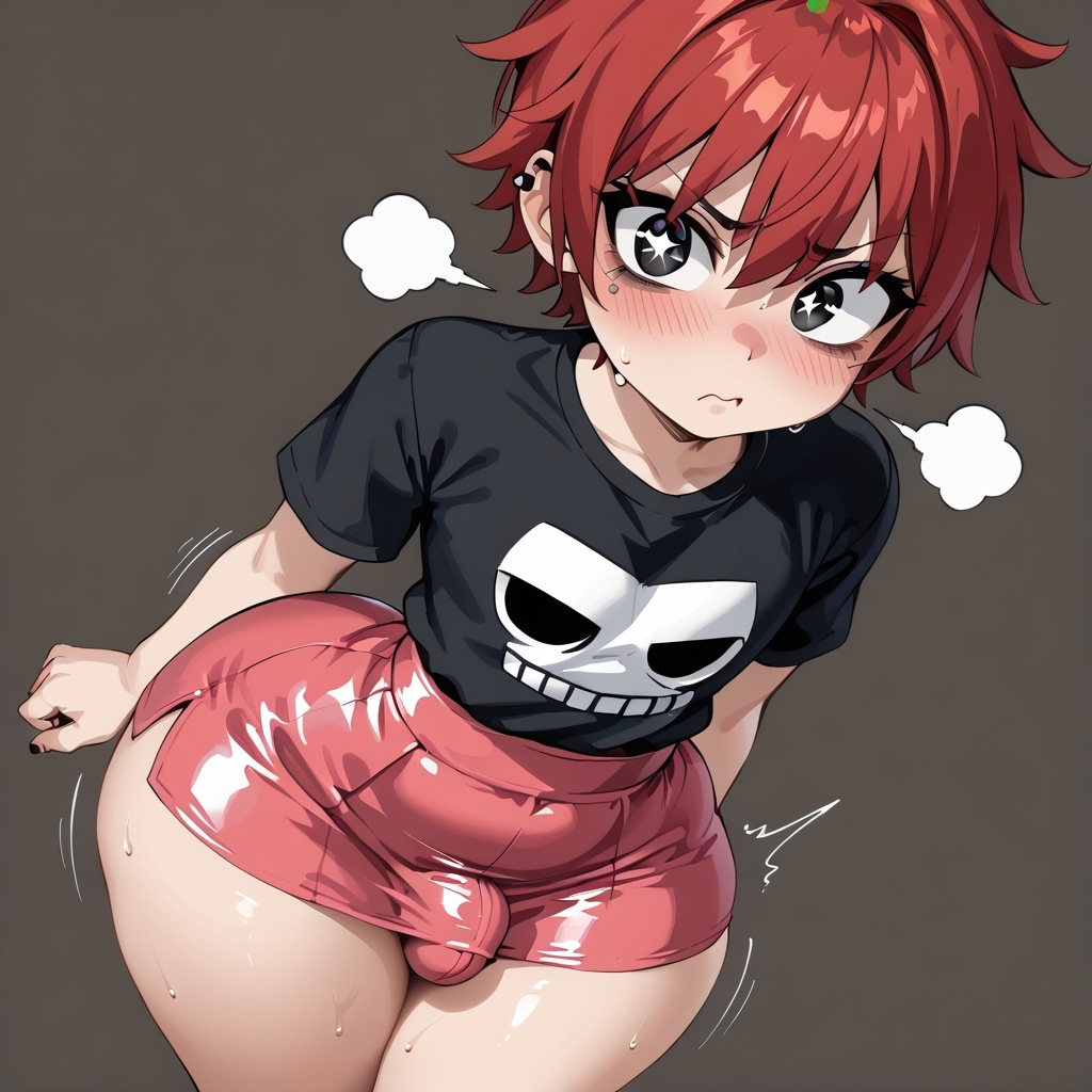 ai_generated big_ass black_eyes bulge femboy pink_skirt red_hair short_hair thick_thighs wide_hips