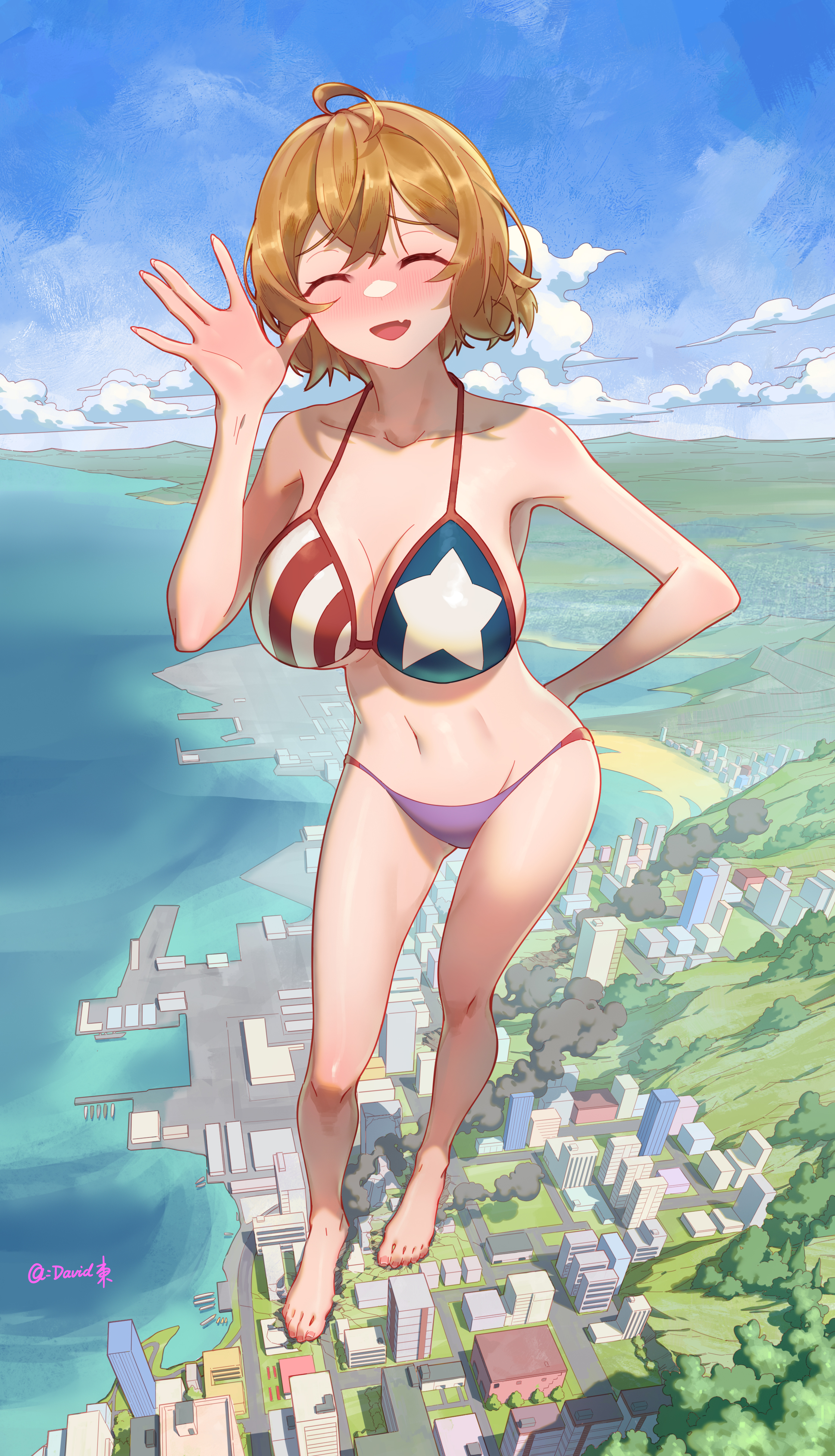 american flag bikini, anime style, bikini, blonde hair, blush, bra, breasts, brown hair, city, cityscape, cleavage, closed eyes, cloud, clouds, coast, crush, crushing, daytime, destruction, giantess, hand behind back, kanojo okarishimasu, landscape background, macrophilia, nanami mami, short hair, signature, signature artist name, sky, smile, smiling, star, twitter, wave, waving
