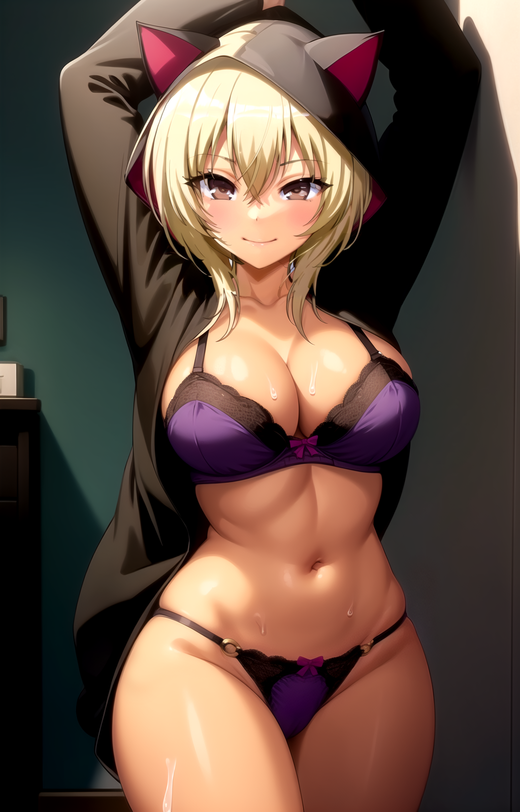 1girl ai_generated animal_hood arms_up black_jacket blonde_hair blush bow bra breasts brown_eyes cat_hood cleavage closed_mouth collarbone cowboy_shot female hair_between_eyes hikaru_(rape_gouhouka!!!) hood hood_up jacket lace-trimmed_bra lace_trim large_breasts long_sleeves looking_at_viewer multi-strapped_panties navel o-ring open_clothes open_jacket panties pixiv purple_bra purple_panties rape_gouhouka!!! rena_aikawa_(pixiv_user) smile solo stable_diffusion stomach string_panties sweat tagme thighs underwear