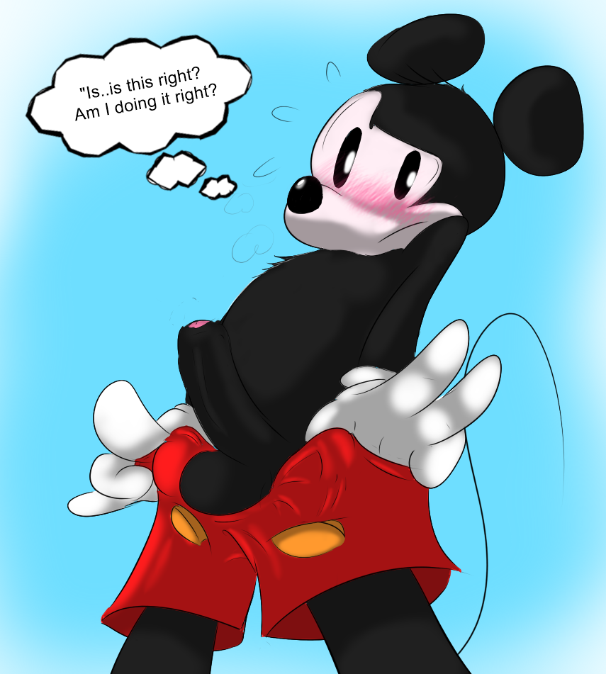 1boy balls blush dialogue disney foreskin grandschemetheme looking_at_viewer male male_only mammal mickey_mouse mouse partially_retracted_foreskin penis presenting rodent solo standing text uncut