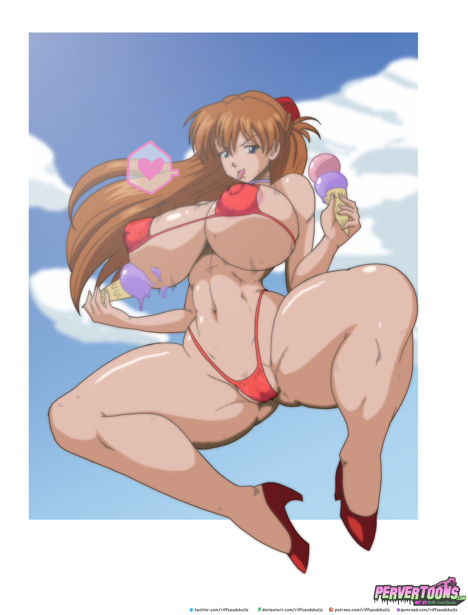 1girls, asuka langley sohryu, big breasts, bikini, breasts, breasts bigger than head, busty, cameltoe, female, female only, high heels, ice cream, large breasts, legs, long hair, naughty face, navel, neon genesis evangelion, pervertoons, pussy, red bikini, riffsandskulls, smile, solo, spread legs, thighs, thong bikini, toned, tongue, tongue out, twintails