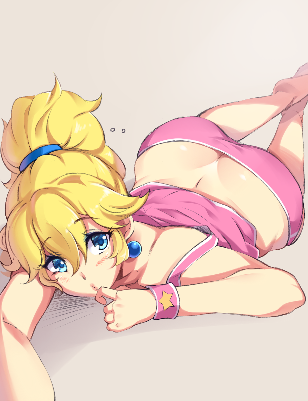 1girls, ass, ass crack, blonde hair, blue eyes, blush, butt crack, earrings, female, female only, finger to mouth, grey background, highres, hips, huge ass, jewelry, looking at viewer, lying, mario (series), moisture (chichi), nintendo, on stomach, princess peach, short hair, short shorts, shorts, simple background, solo, sportswear, tied hair, wide hips