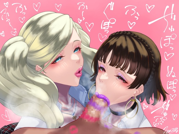 ann_takamaki collaborative_fellatio hoop_earrings kiss_mark lipstick makoto_niijima persona persona_5