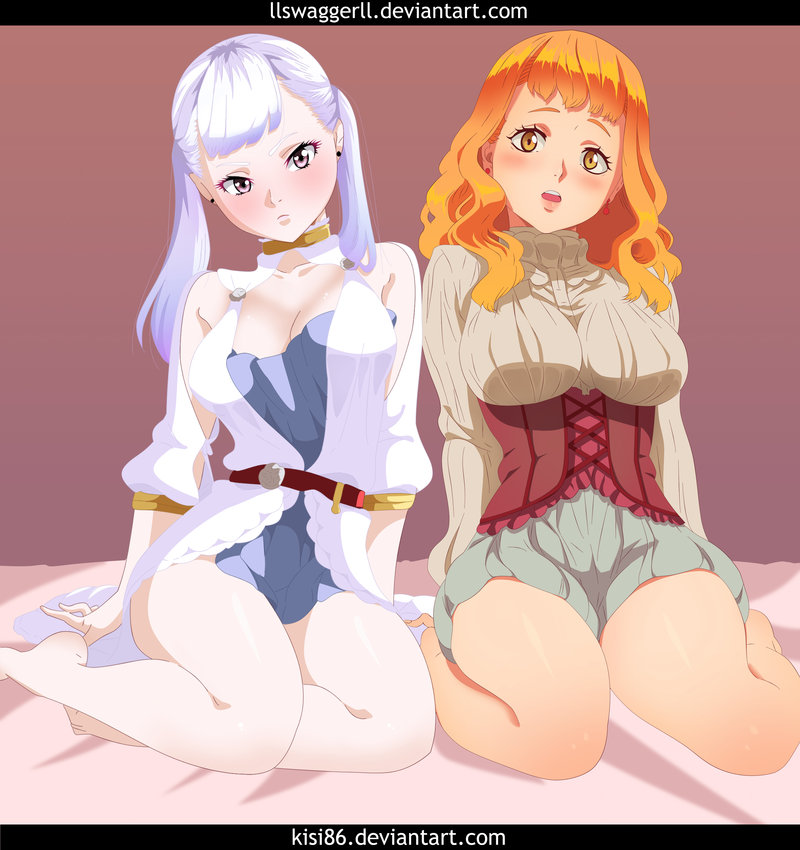 2girls, black clover, blush, breasts, brown eyes, clothed, cousin, feet, female, female only, kisi86, large breasts, llswaggerll, mimosa vermillion, noelle silva, orange hair, pale skin, posing, purple eyes, silver hair, tied hair