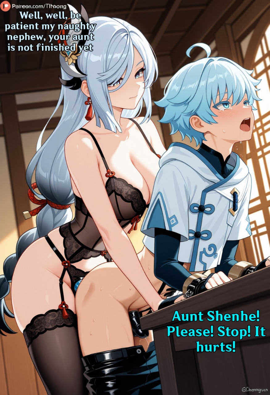 1boy 1girls ai_generated aunt aunt_and_nephew blue_eyes blue_hair boy_rape chongyun_(genshin_impact) cum genshin_impact incest male_rape_victim pegging rape raped shenhe_(genshin_impact) sperms straight_hair strap-on strapon straps