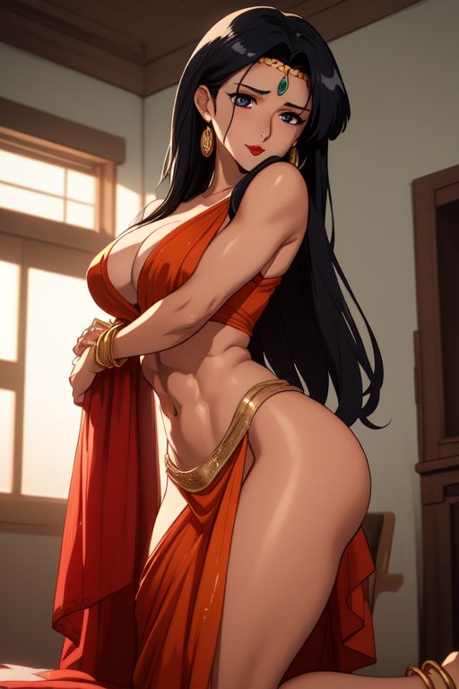 1girls abs ai_generated anklet bangle bare_thighs bed bedroom big_breasts black_hair blue_eyes cleavage earrings forehead_jewel hourglass_figure indian indian_clothes indian_female light-skinned_female light_skin long_hair looking_at_viewer navel orange_clothing red_lipstick round_ass saree sari showing_off slim_waist smile solo solo_female thick_thighs undressing wide_hips